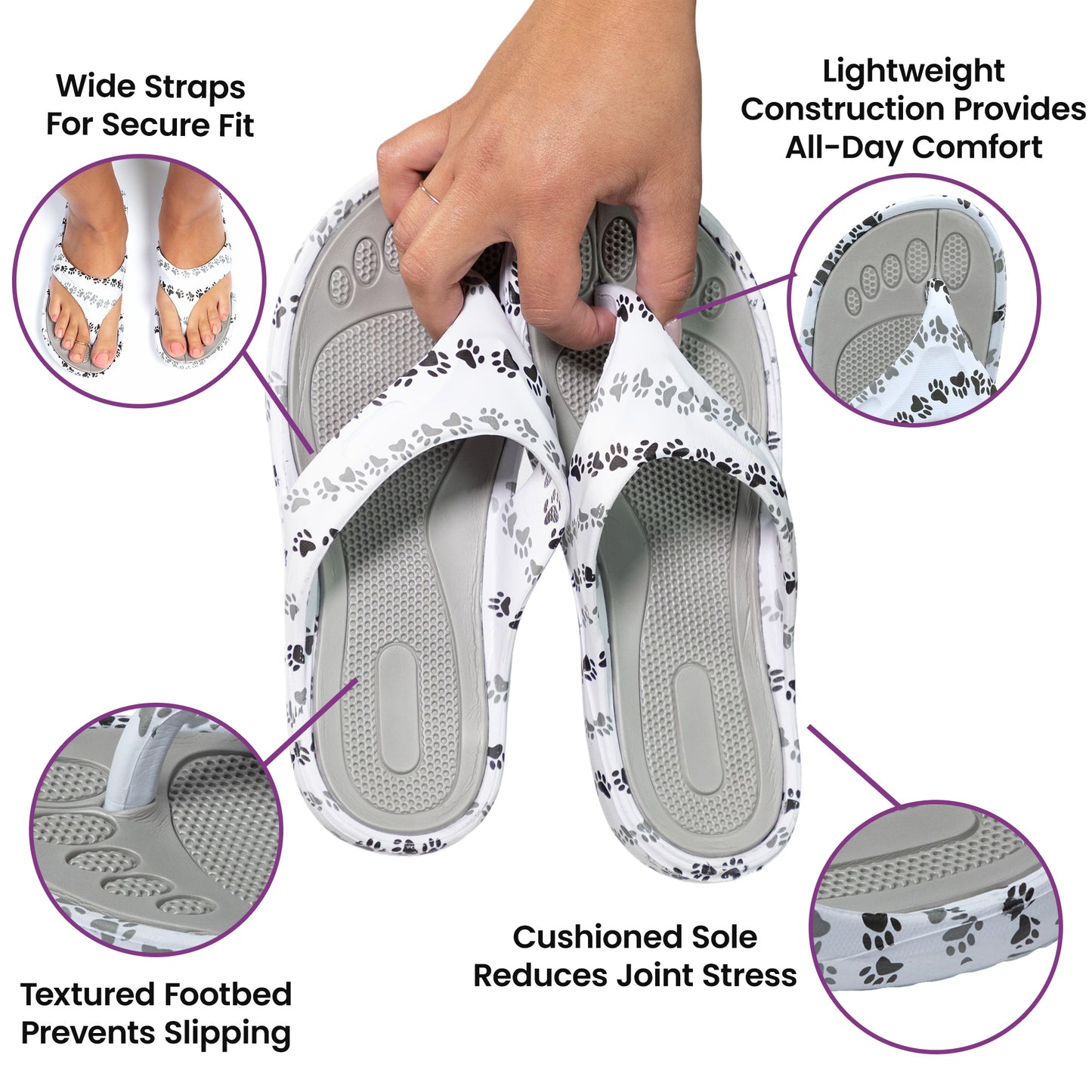 Pair of sandals with text highlighting features like wide straps, cushioned sole, and textured footbed.
