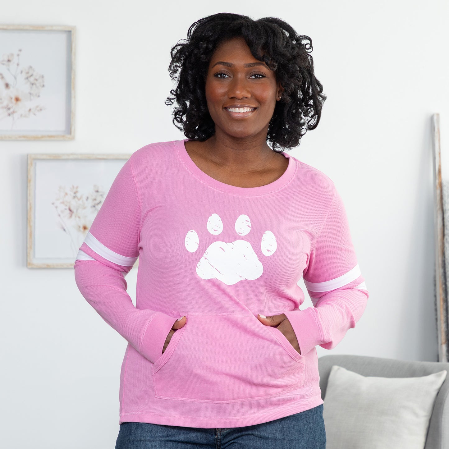Paw Stripe Waffle Knit Thermal Long Sleeve Top
