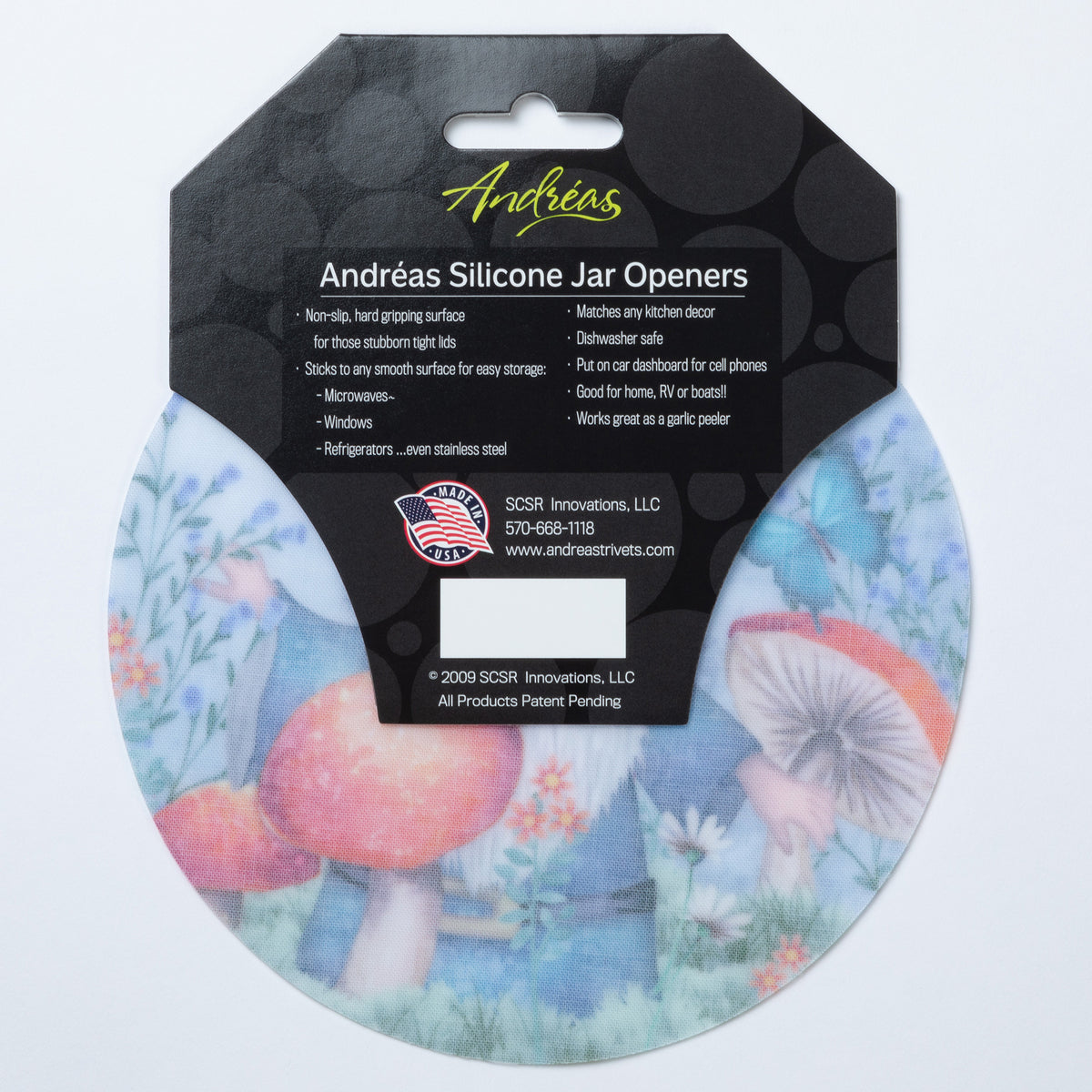Backing of the silicone non-slip jar opener with a garden gnome surrounded by mushrooms, flowers, and butterflies.