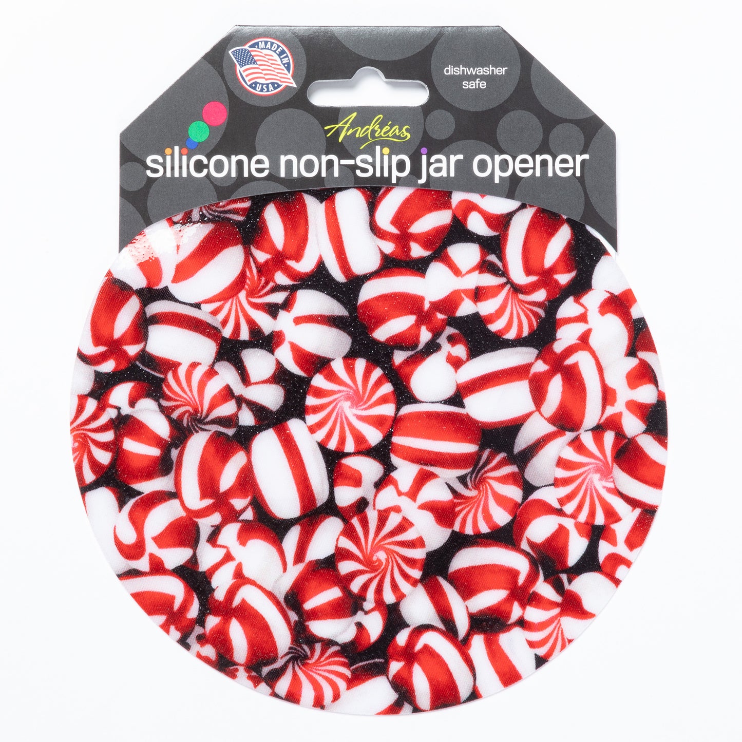 Silicone non-slip jar opener with peppermints on a black background.
