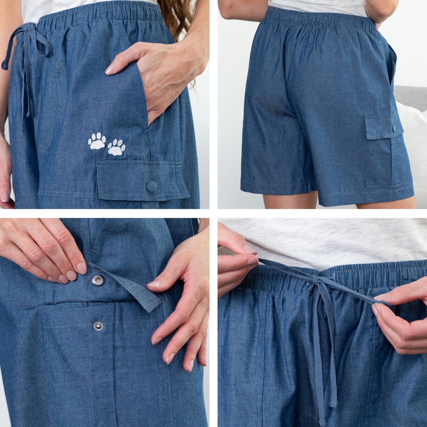Collage of blue shorts with paw print design, buttons, and drawstring on a white background.
