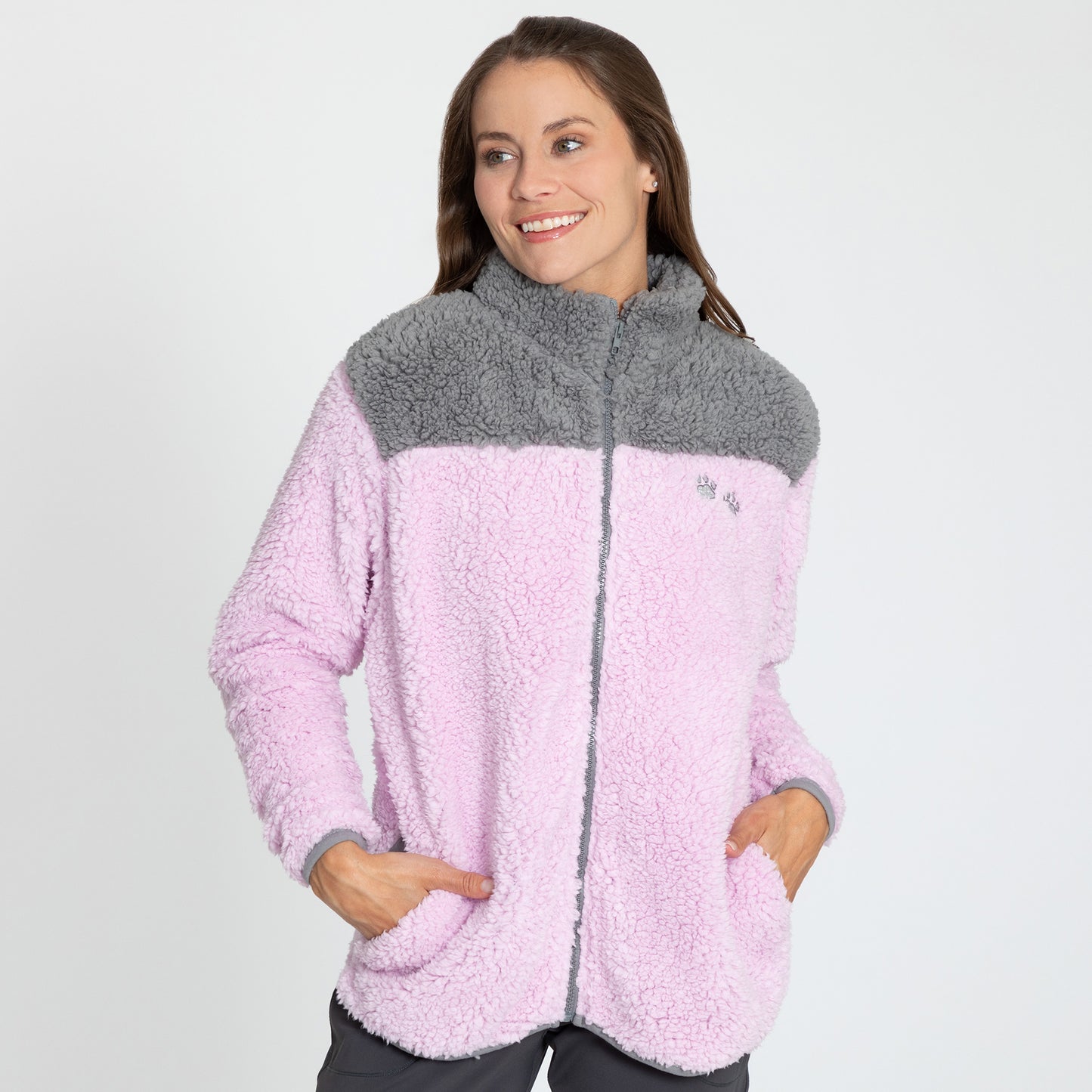 Paw Print Two-Toned Plush Sherpa Fleece Zip Up Jacket