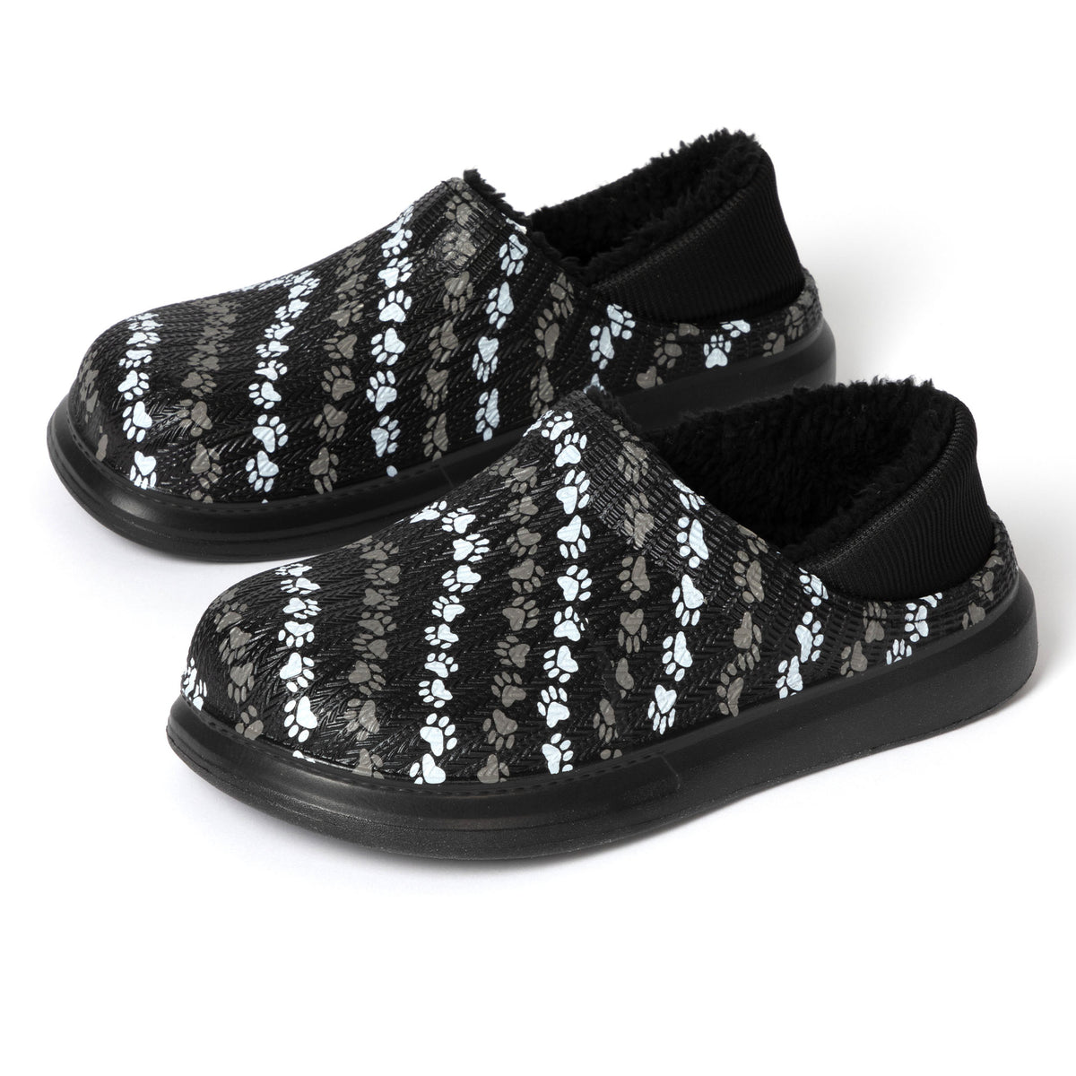 Slipper shoes with faux fur lining, featuring paw-prints in rows in white and gray, on a white background.