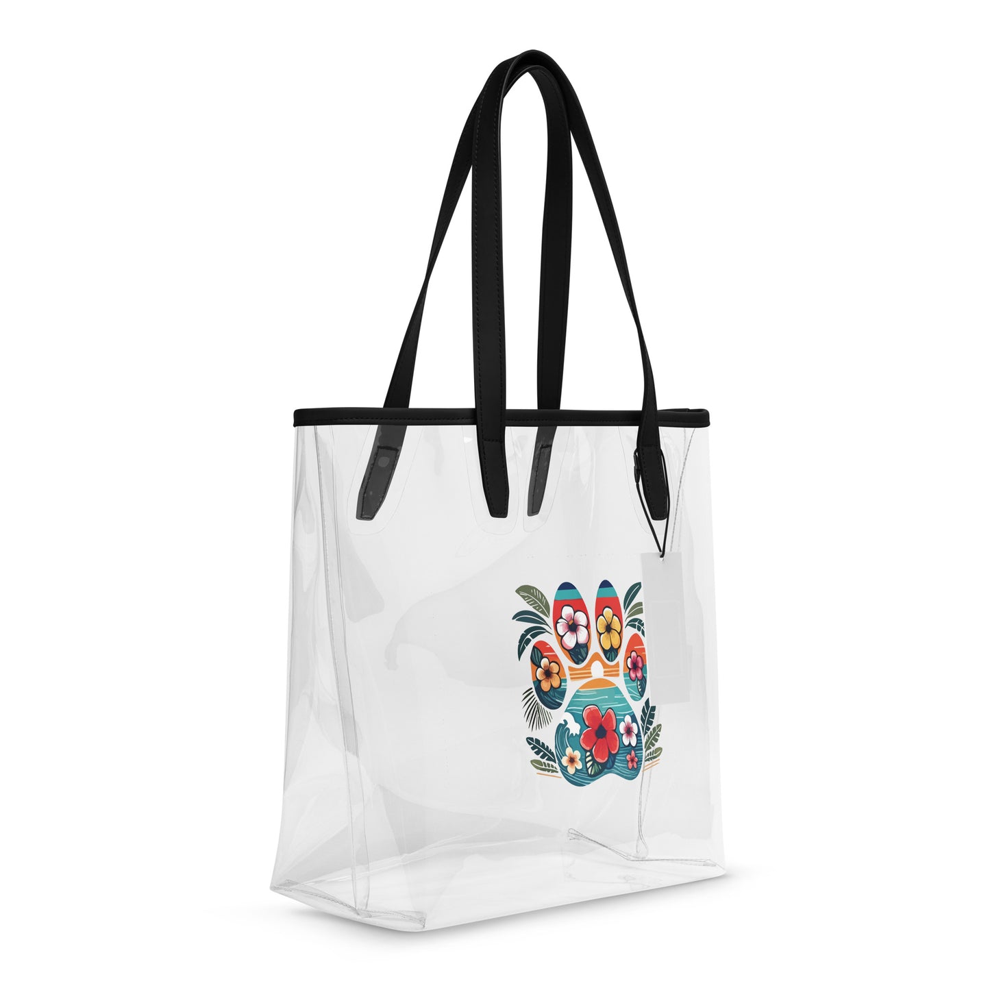 Hawaiian paw print design on a clear tote bag with black handles with a white background.
