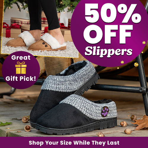 50% Off Slippers from The Animal Rescue Site and GreaterGood. Tan faux-fur and black knit paw print styles. Proceeds help support shelter pets and more.