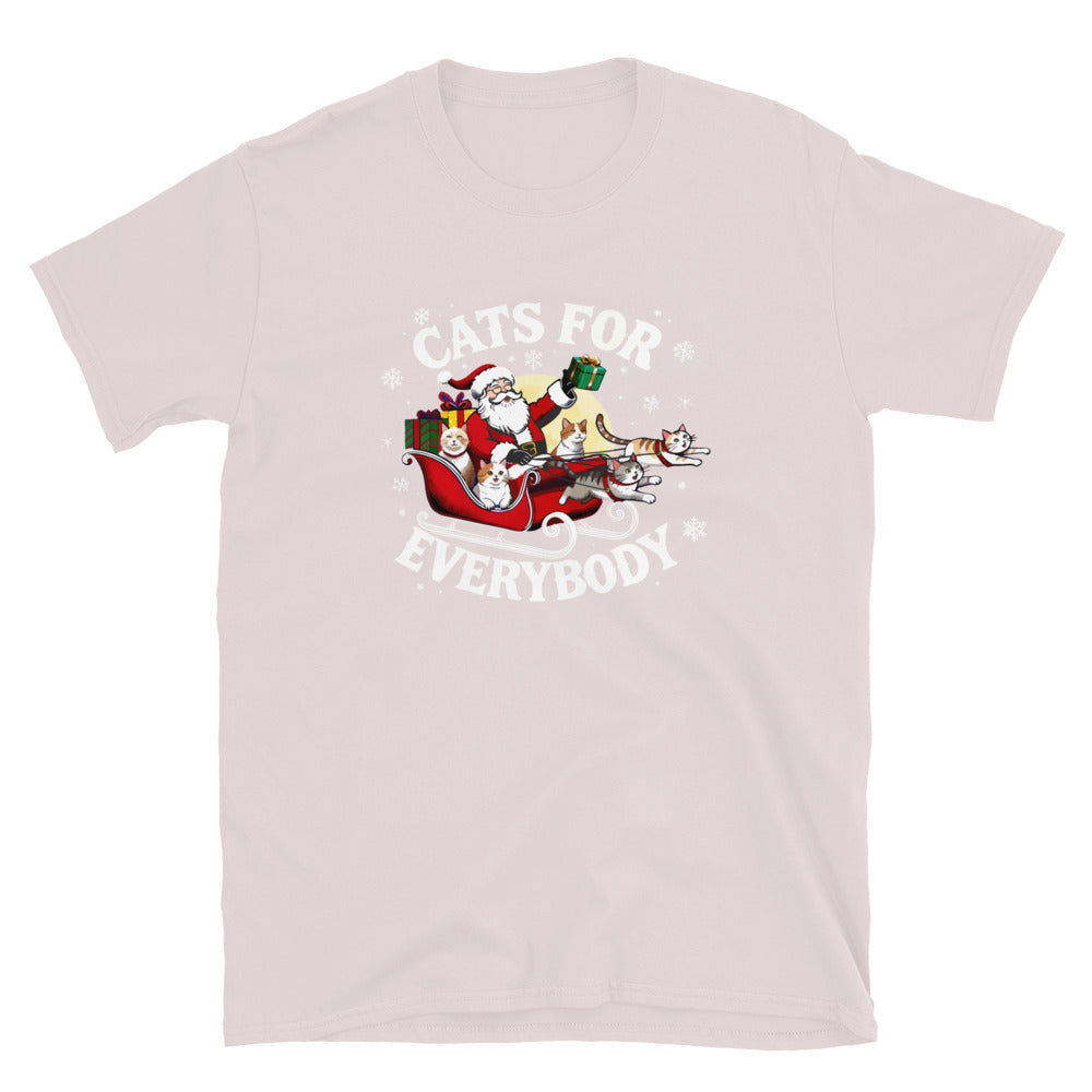 Santa in a sleigh being led by cats that says cats for everybody design on a iced gray shirt