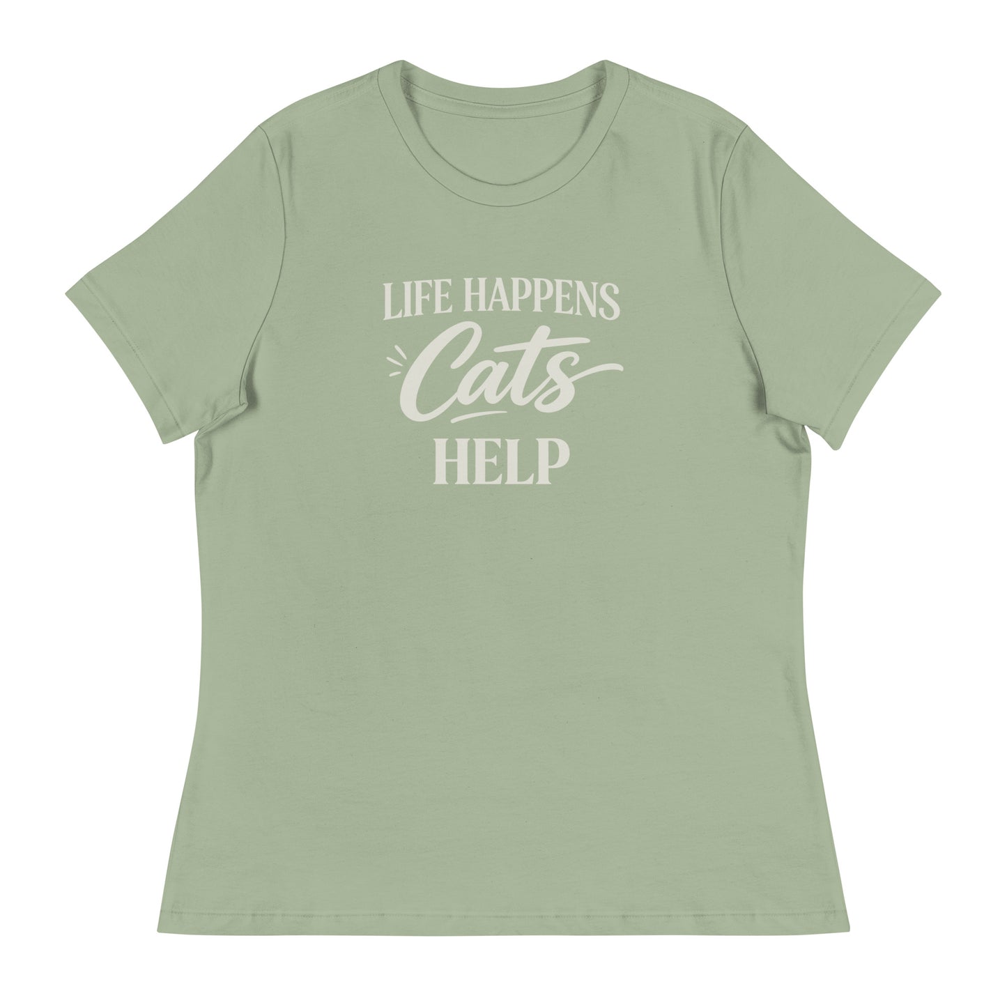 Sage green t-shirt with 'Life Happens, Cats Help' text on a white background