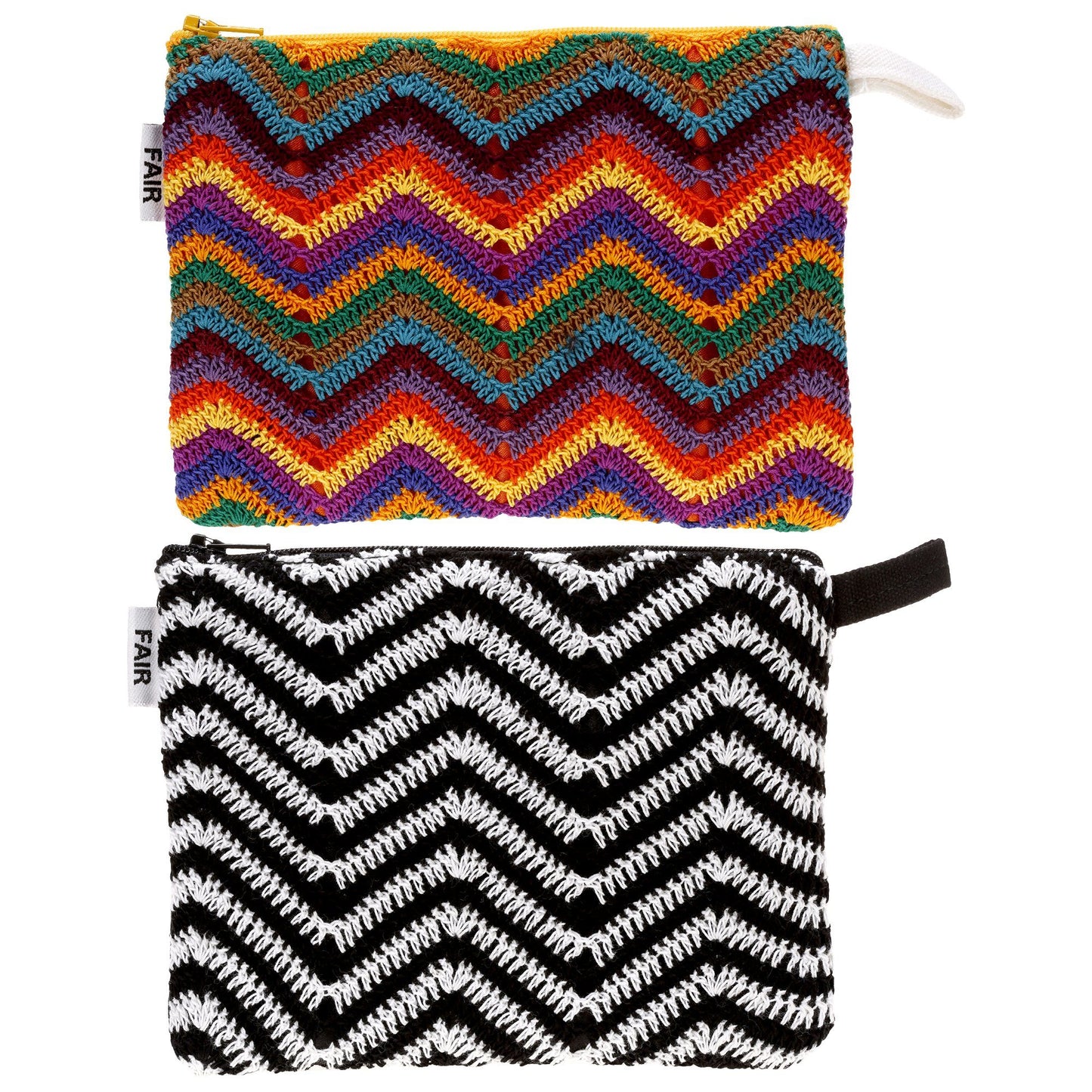 Two chevron-patterned pouches, one multicolored and one black and white, on a white background.
