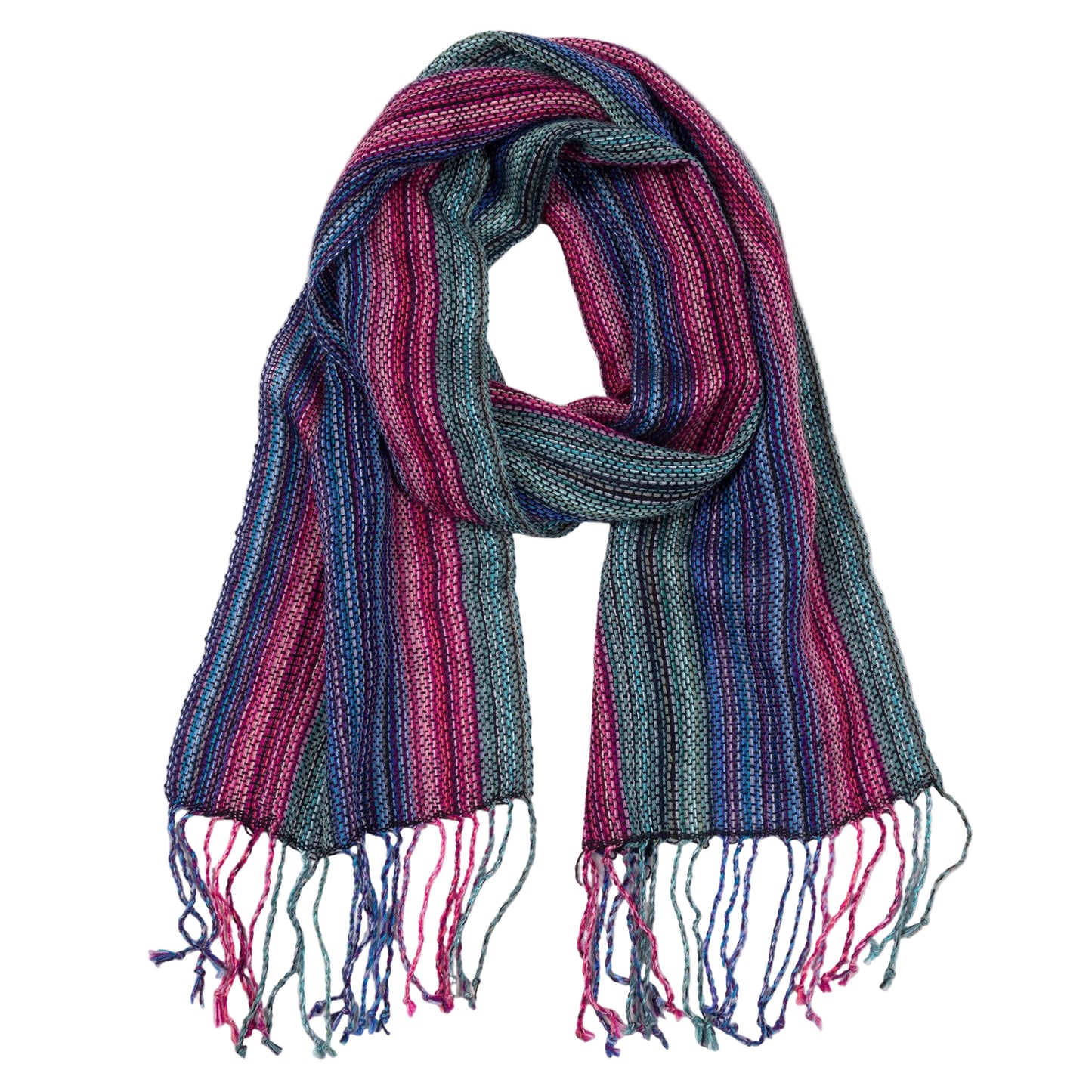 An alpaca blend handwoven scarf with fringe, laying on a white background.