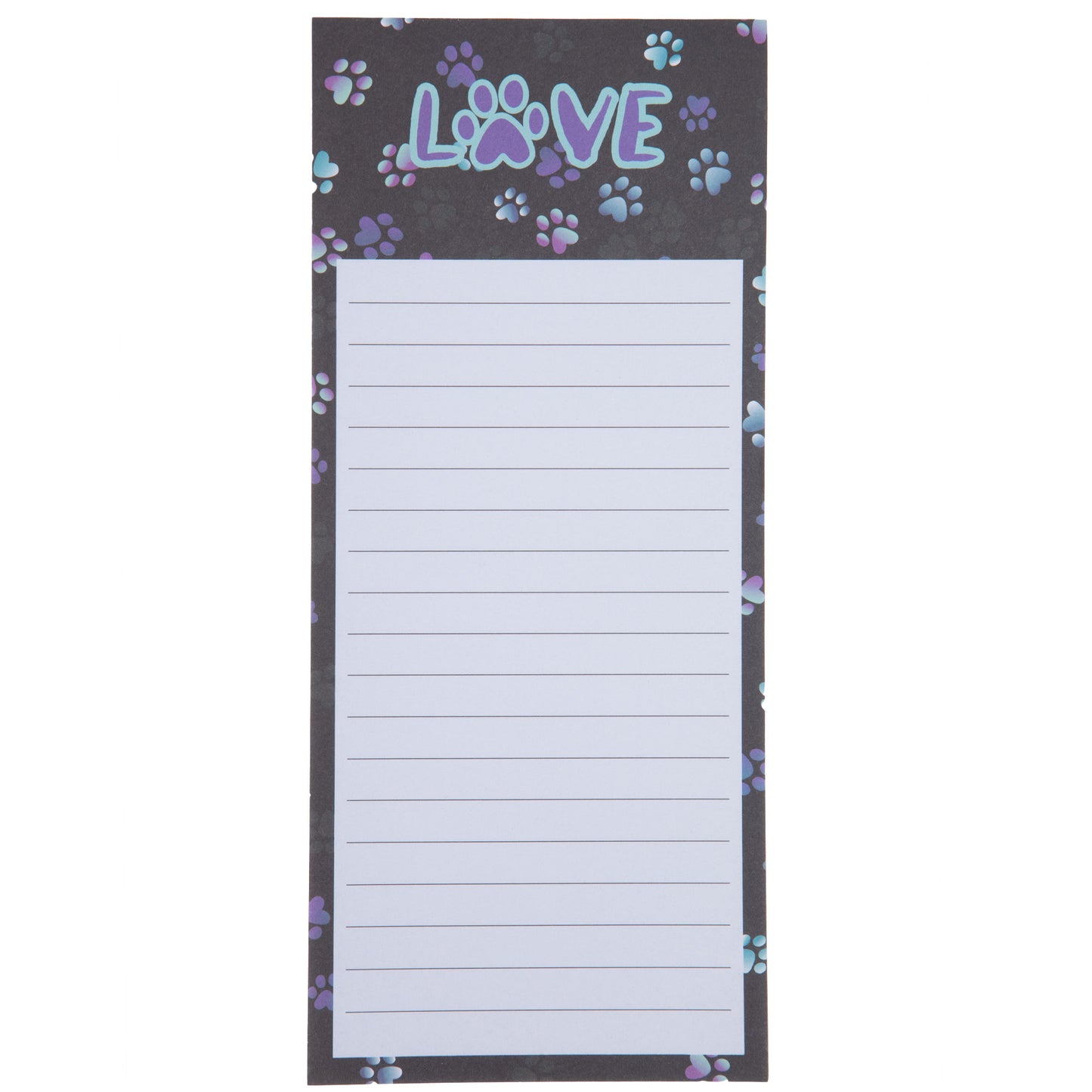 A notepad with "Love" with a paw print as the "O" at the top, on a white background.