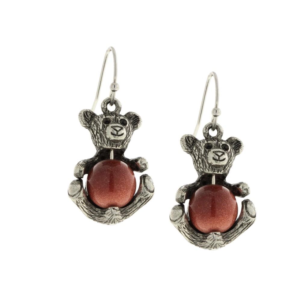 1928 Jewelry® Pewter Round Semi Precious Gold Stone Teddy Bear Wire Earrings