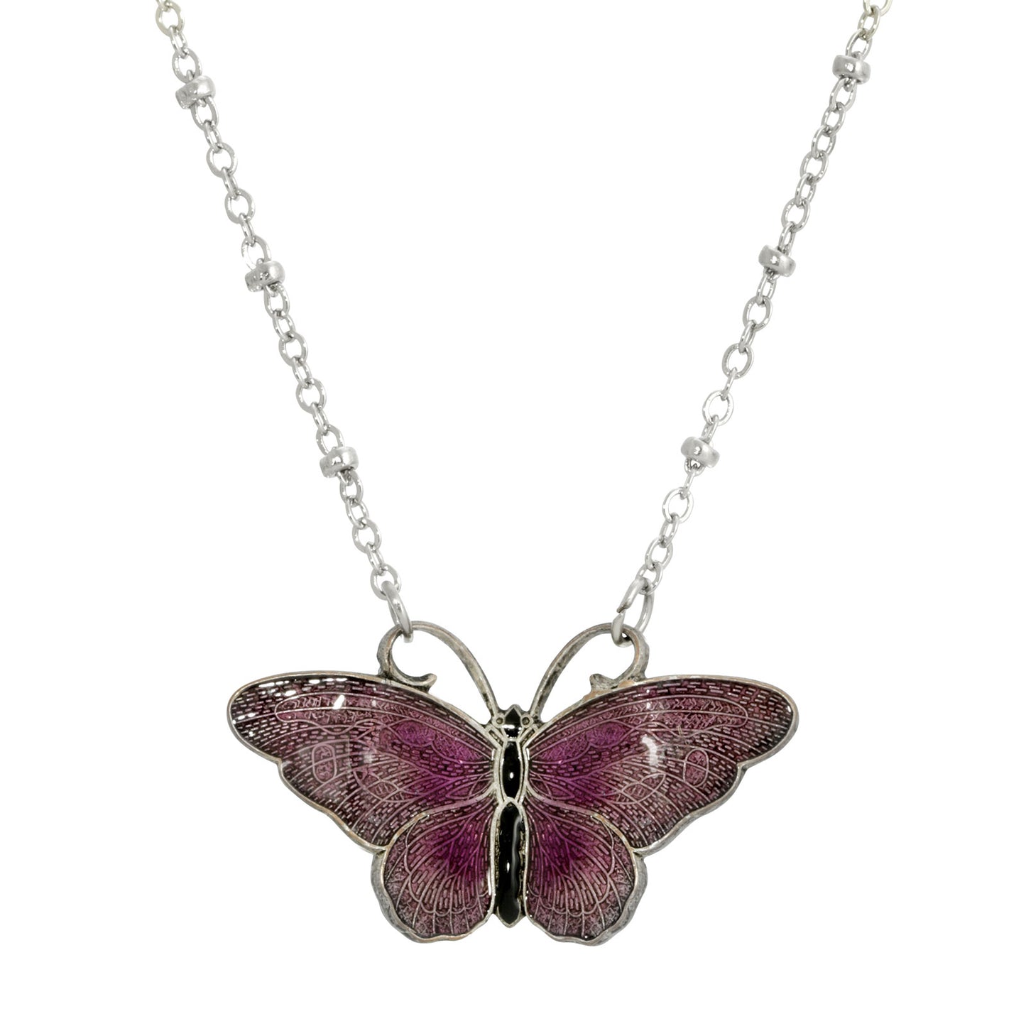 1928 Jewelry® Silver-Tone Purple And Black Enamel Butterfly Necklace 16”Adj.