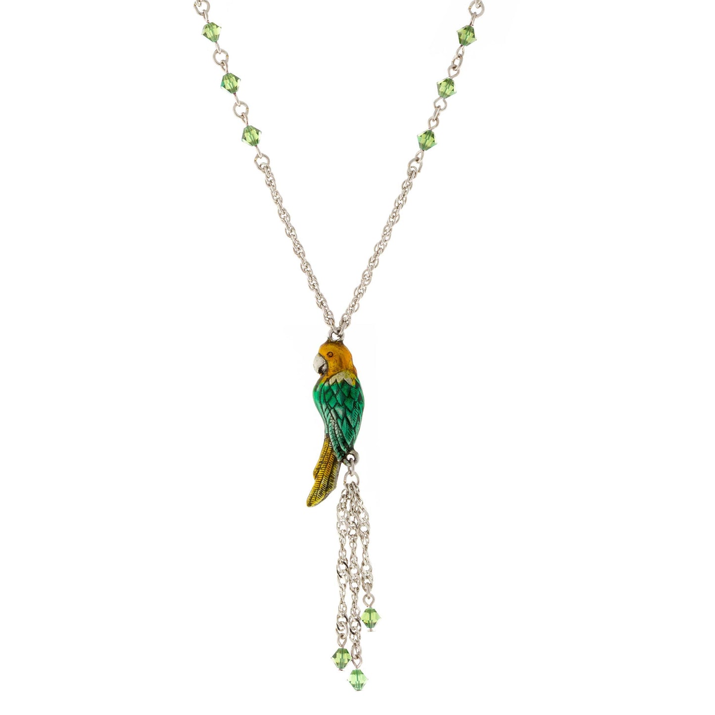 1928 Jewelry® Silver Tone Green & Yellow Enamel Parrot With Green Beads Necklace 16"Adj.