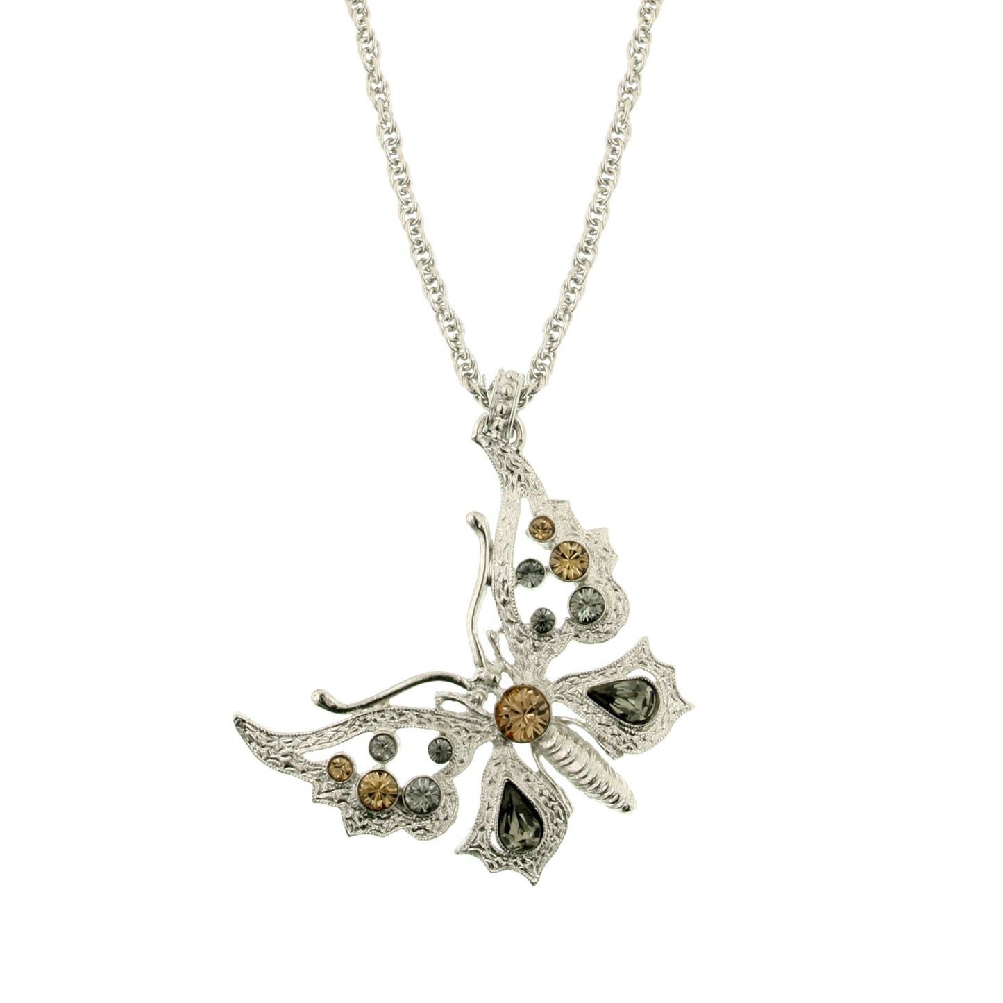 1928 Jewelry® Silver-Tone Lt. Colorado/Blk Diamond Butterfly Necklace 16"Adj.