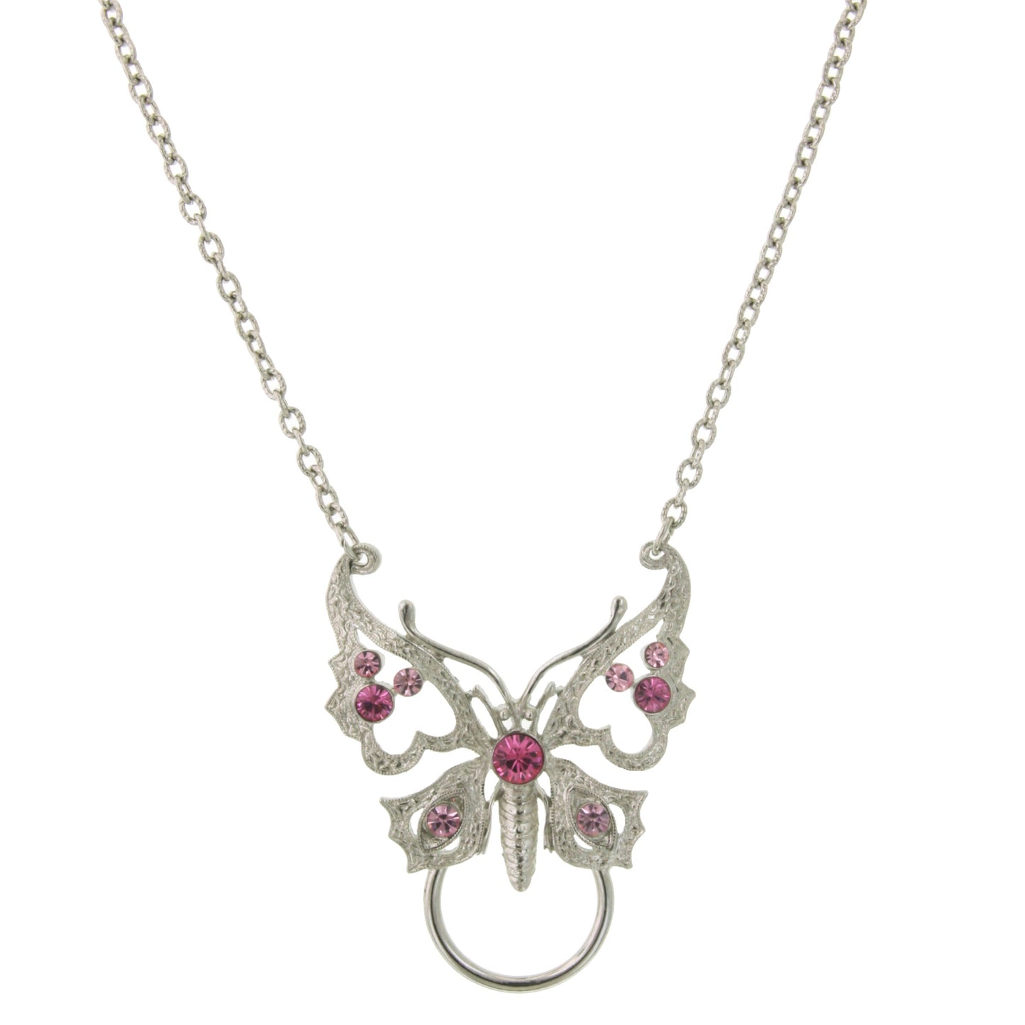 1928 Jewelry® Silver With Pink Crystals Butterfly Badge/Eyeglass Holder Necklace 28