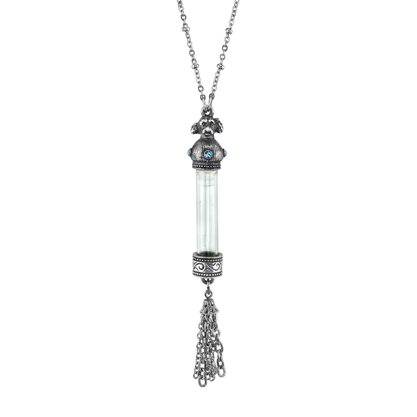 1928 Jewelry® Antiqued Pewter Blue Crystal Cat Vial Tassle Necklace 30In