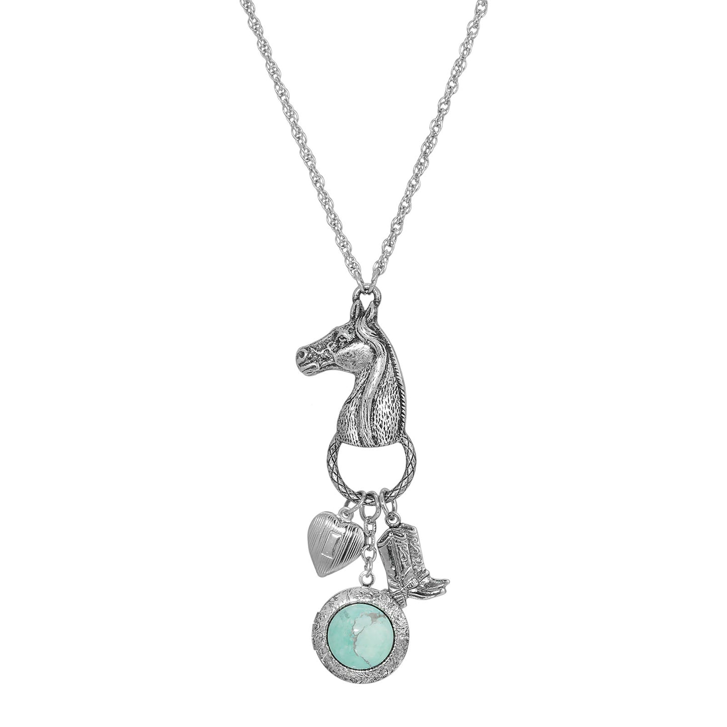 1928 Jewelry® Silver Tone Turquoise Horse Head With Heart And Boot Charm Necklace 28 Inch