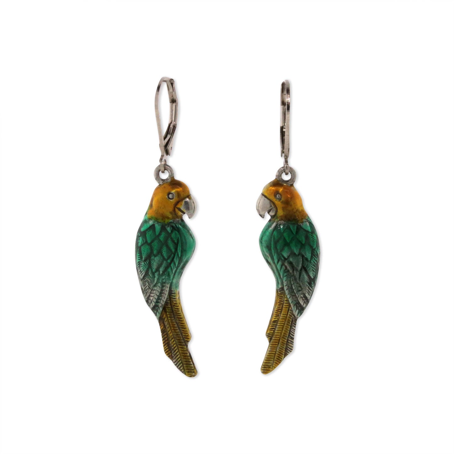 1928 Jewelry® Silver Tone Green/Yellow Hand Enamel Parrot Earrings