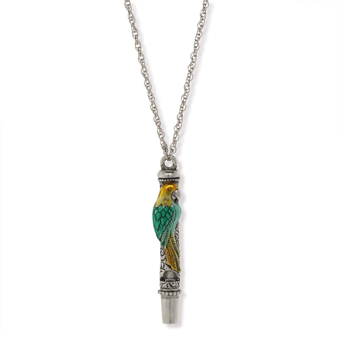1928 Jewelry® Pewter Green And Yellow Enamle Parrot Whistle Necklace 30"