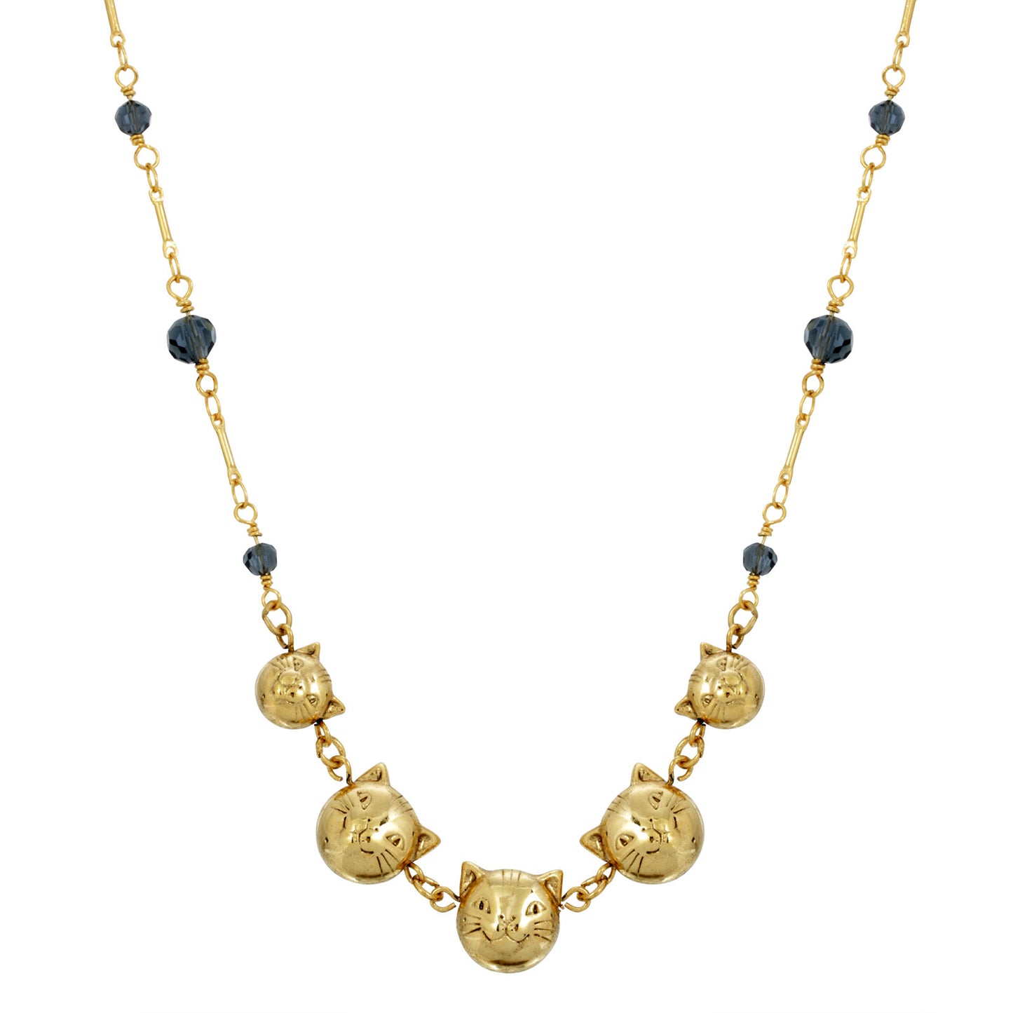 1928 Jewelry® 14K Gold Dipped Cat Faces With Blue Beaded Chain Necklace 16In Adj.