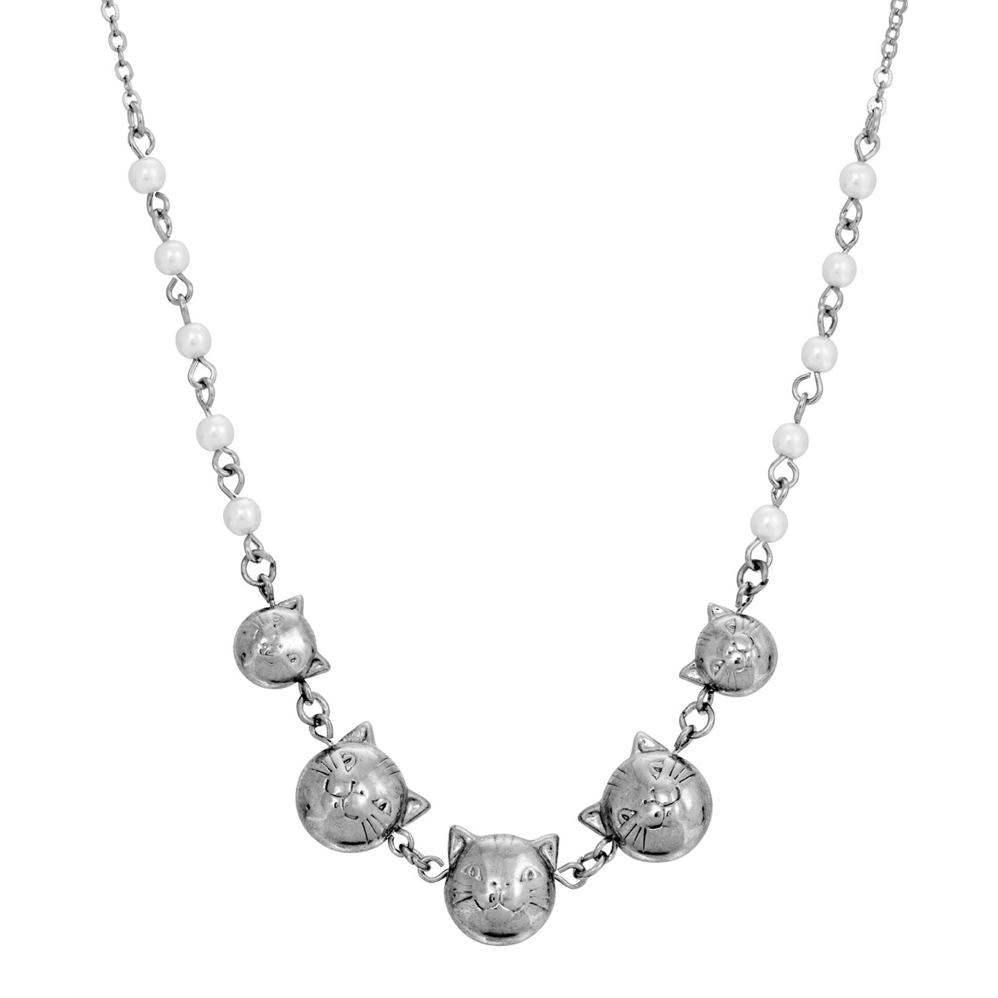 1928 Jewelry® Silver Tone Multi Cat Faux Pearl Chain Necklace 16" Adj.