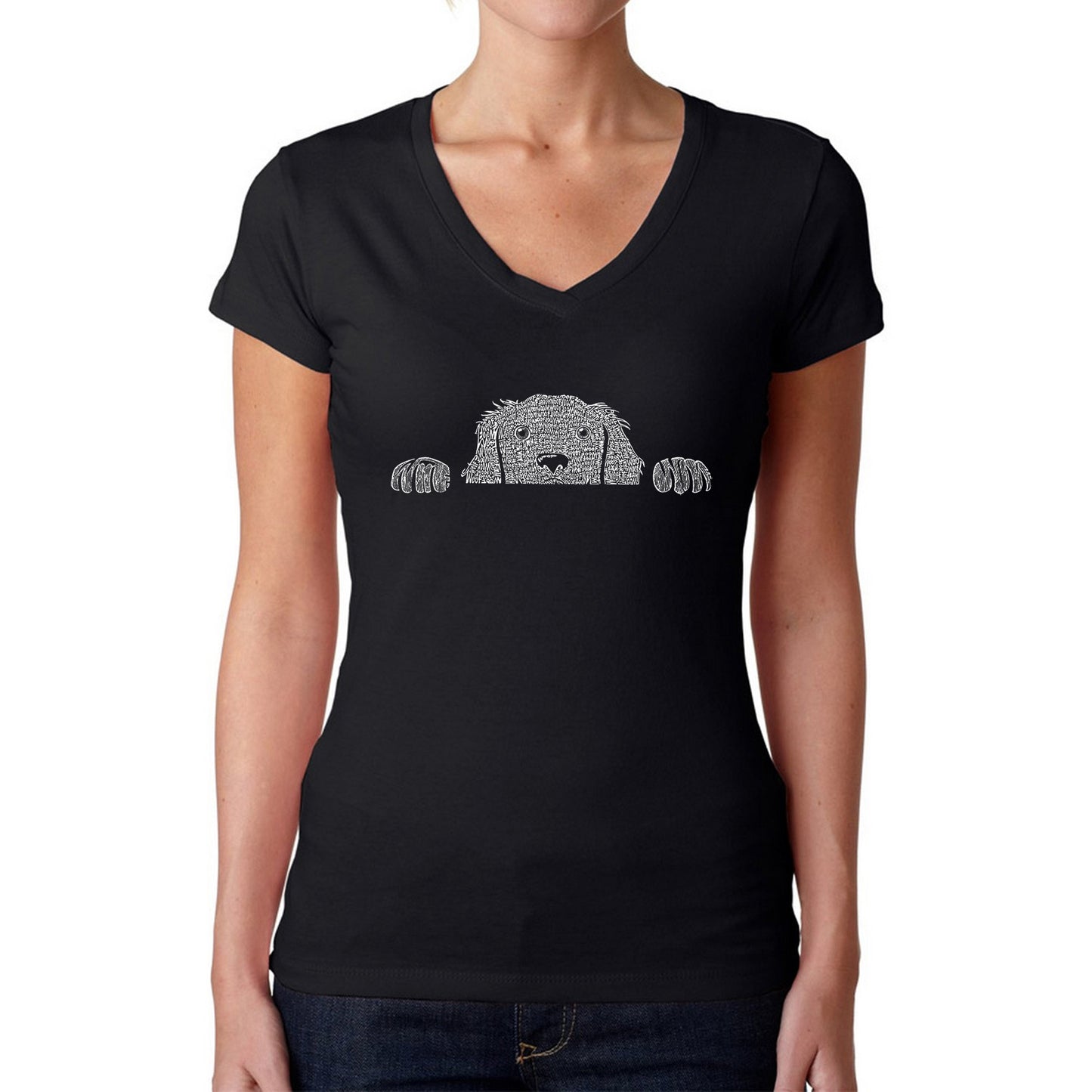 Peeking Dog - Women's Word Art V-Neck T-Shirt