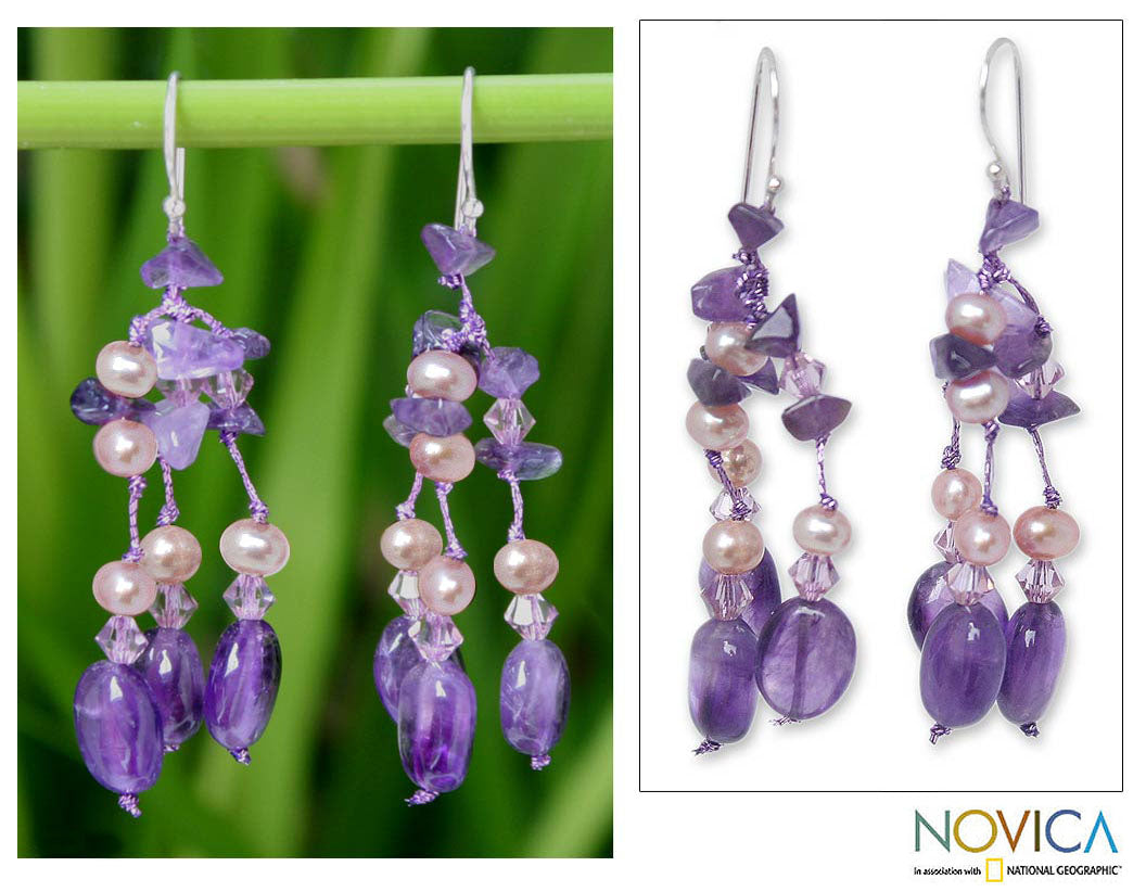 Lavender Ice Dyed Pearl & Amethyst Earrings