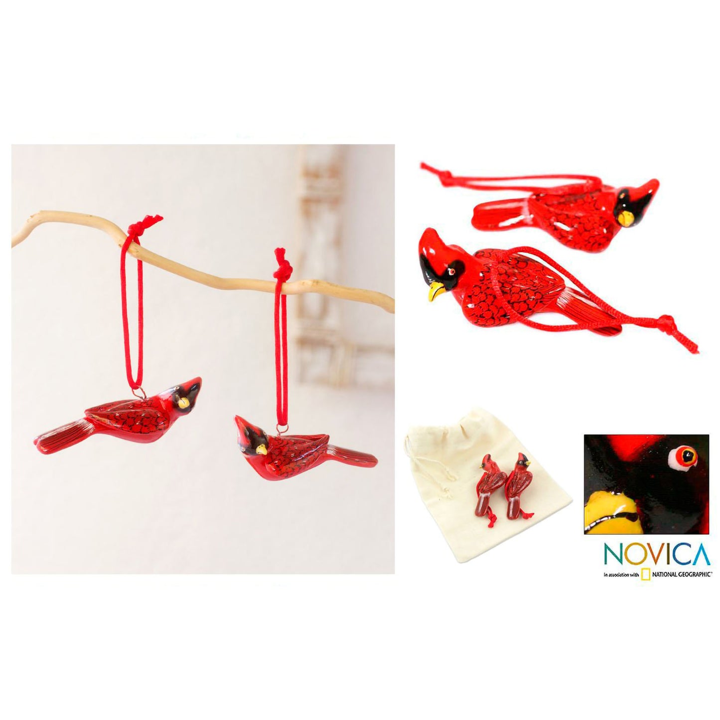 Red Cardinal Ceramic Ornaments - Set of 2