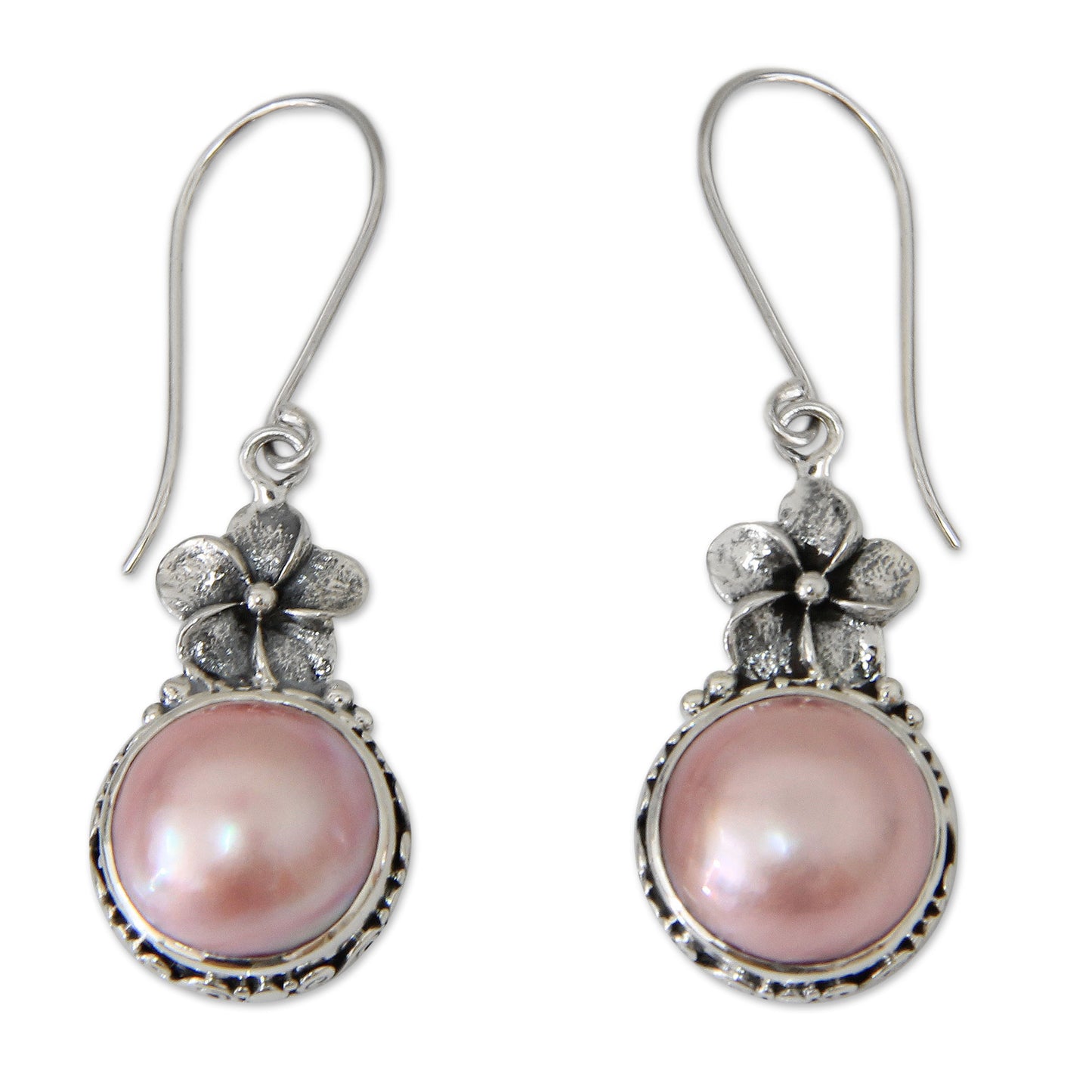Pink Frangipani Pearl Silver Dangle Earrings