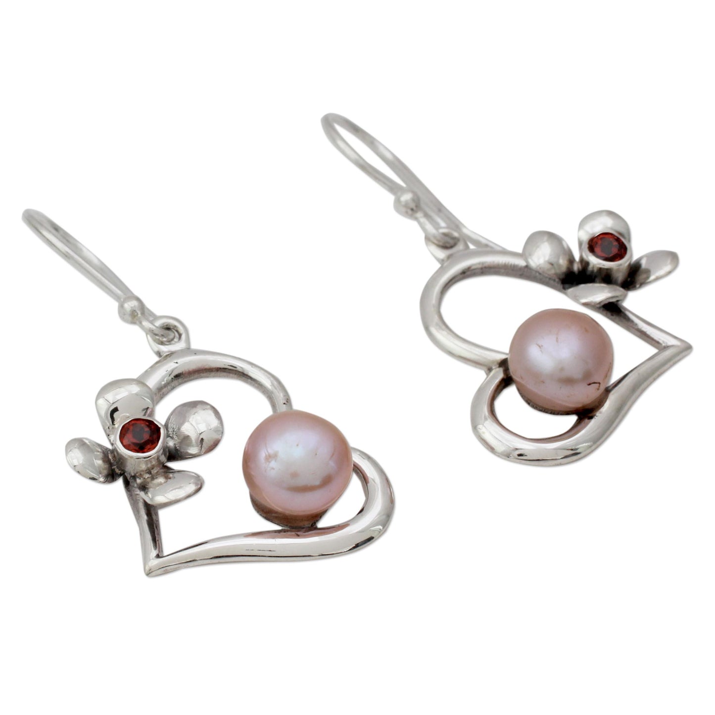 Heart of Romance Hearts and Flowers Earrings with Pearls Garnets and Silver