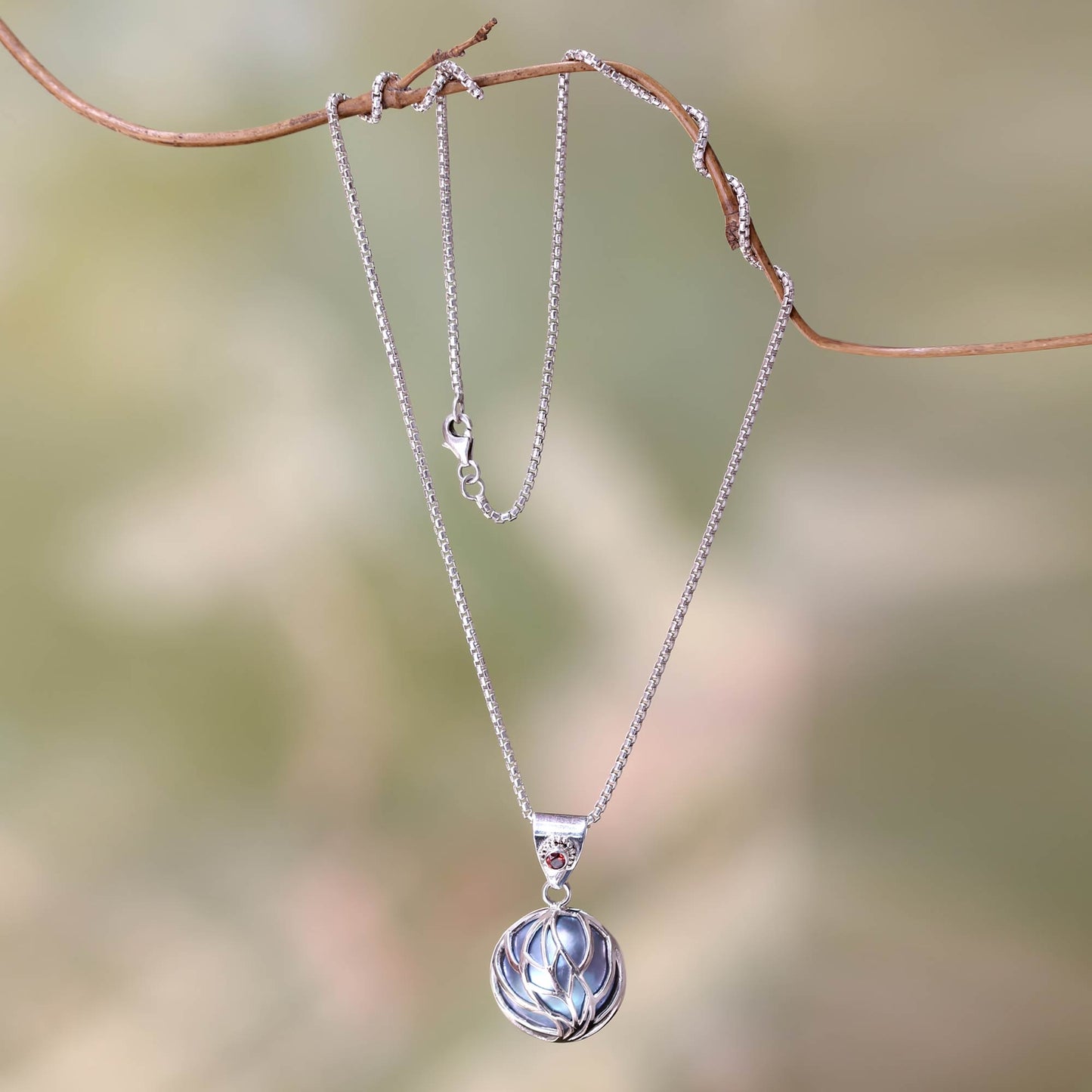 Secret World Blue Mabe Pearl Garnet and Silver Handcrafted Necklace