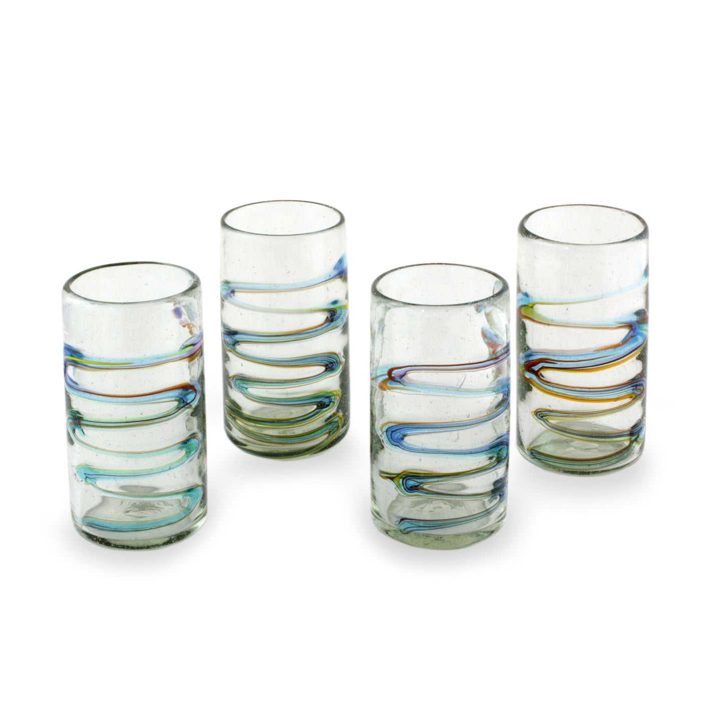 Rainbow Ripple Tumbler Glasses Hand Blown Glass Art 11 oz (Set of 4)