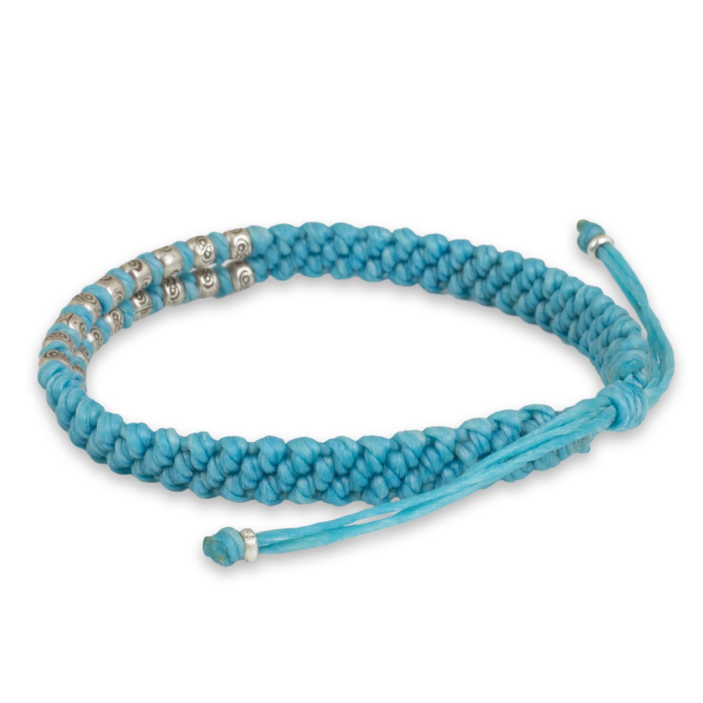 Blue Infinity Twins Thai Hand Knotted Wristband Bracelet with Silver 950 Beads