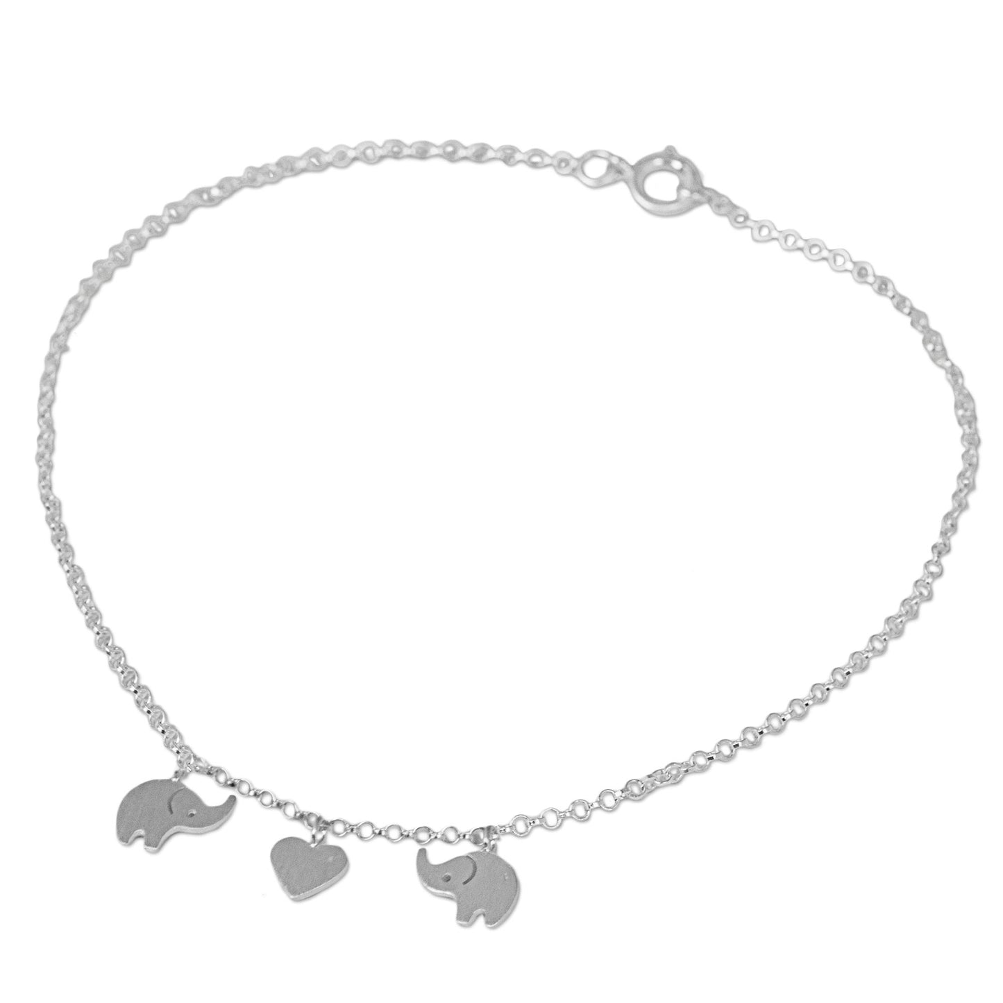 Elephant Romance Handcrafted Thai Sterling Silver Heart and Elephant Anklet