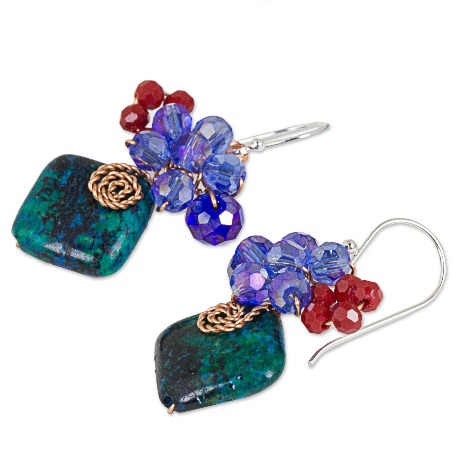 Natural Beauty in Teal Square Serpentine and Glass Bead Dangle Earrings with Copper