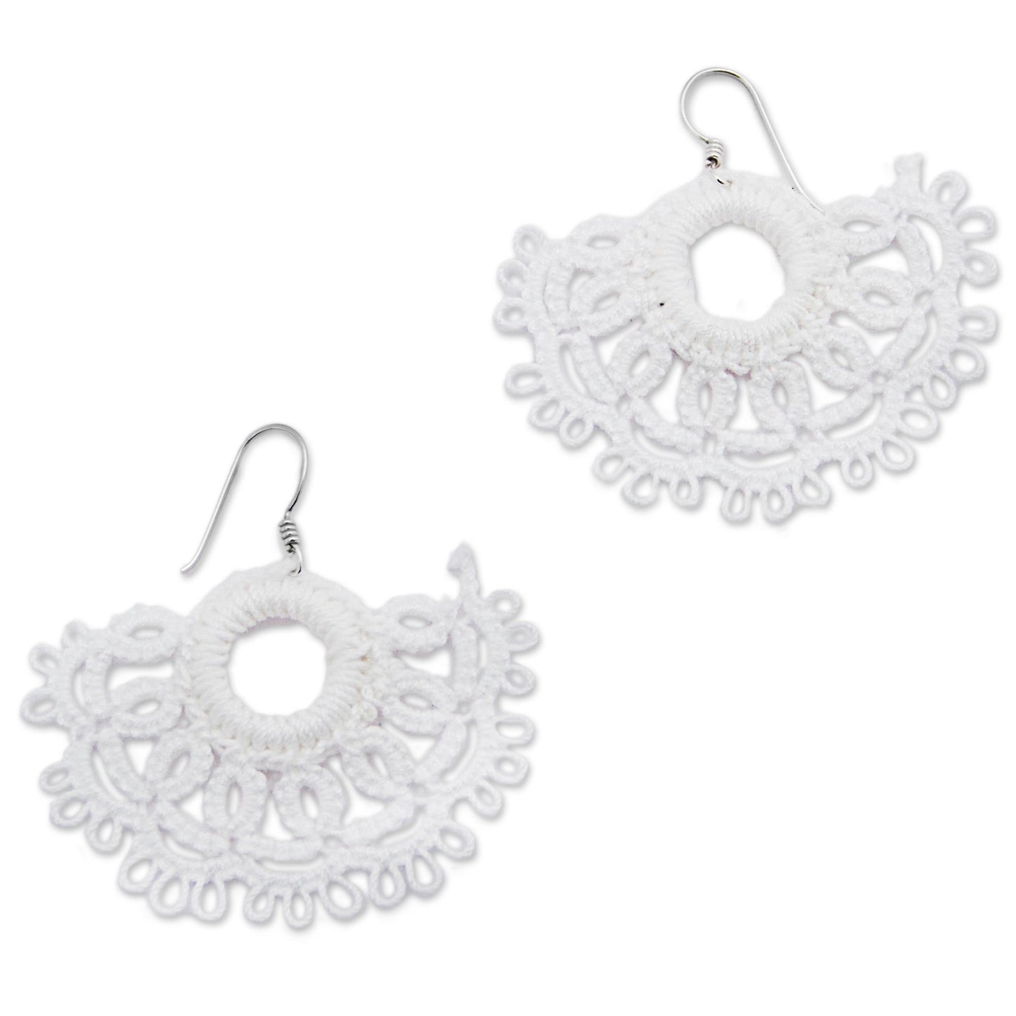 White Sun Handcrafted White Cotton Dangle Earrings with Sun Motif