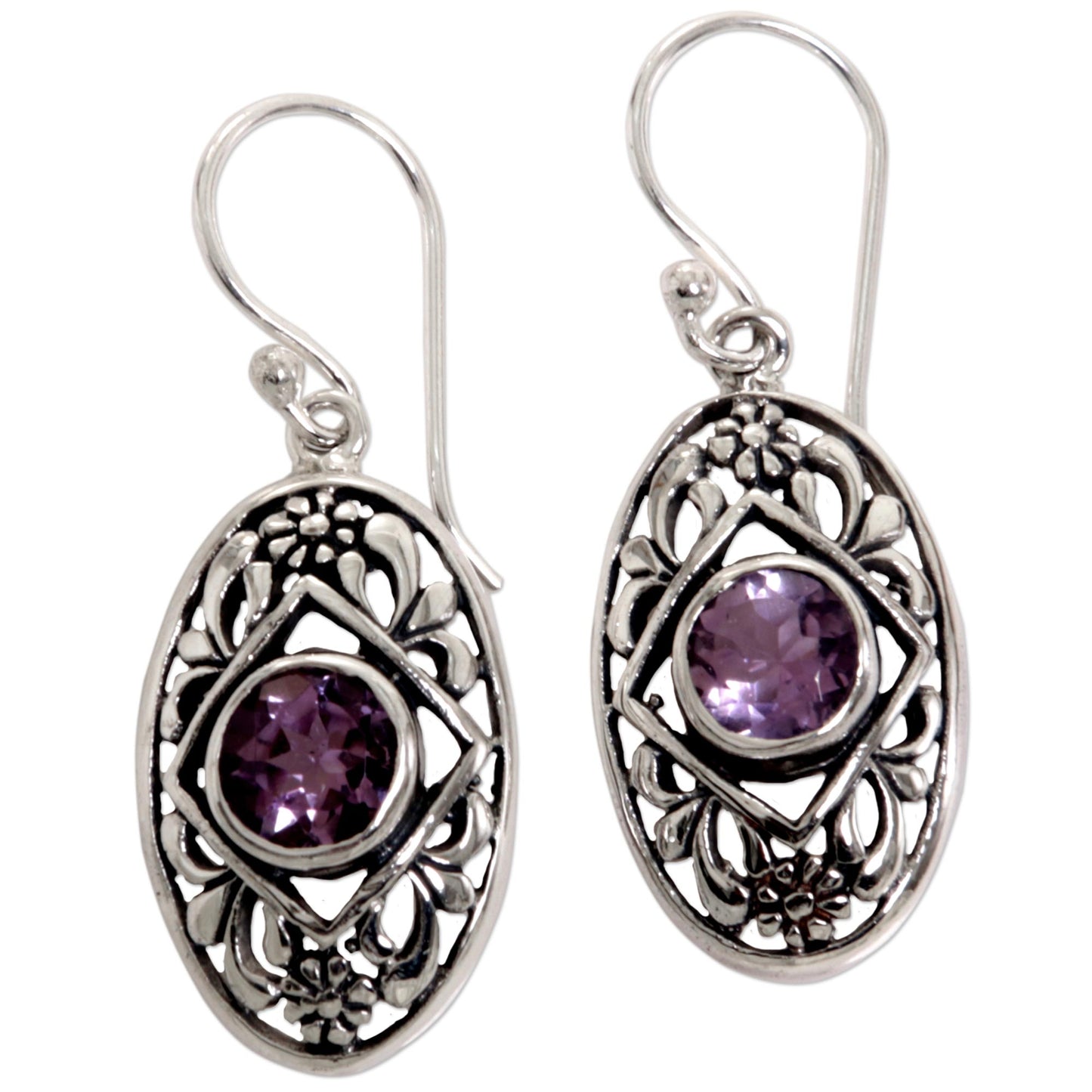 Sunset Eye Flower Amethyst Sterling Silver Dangle Earrings Indonesia