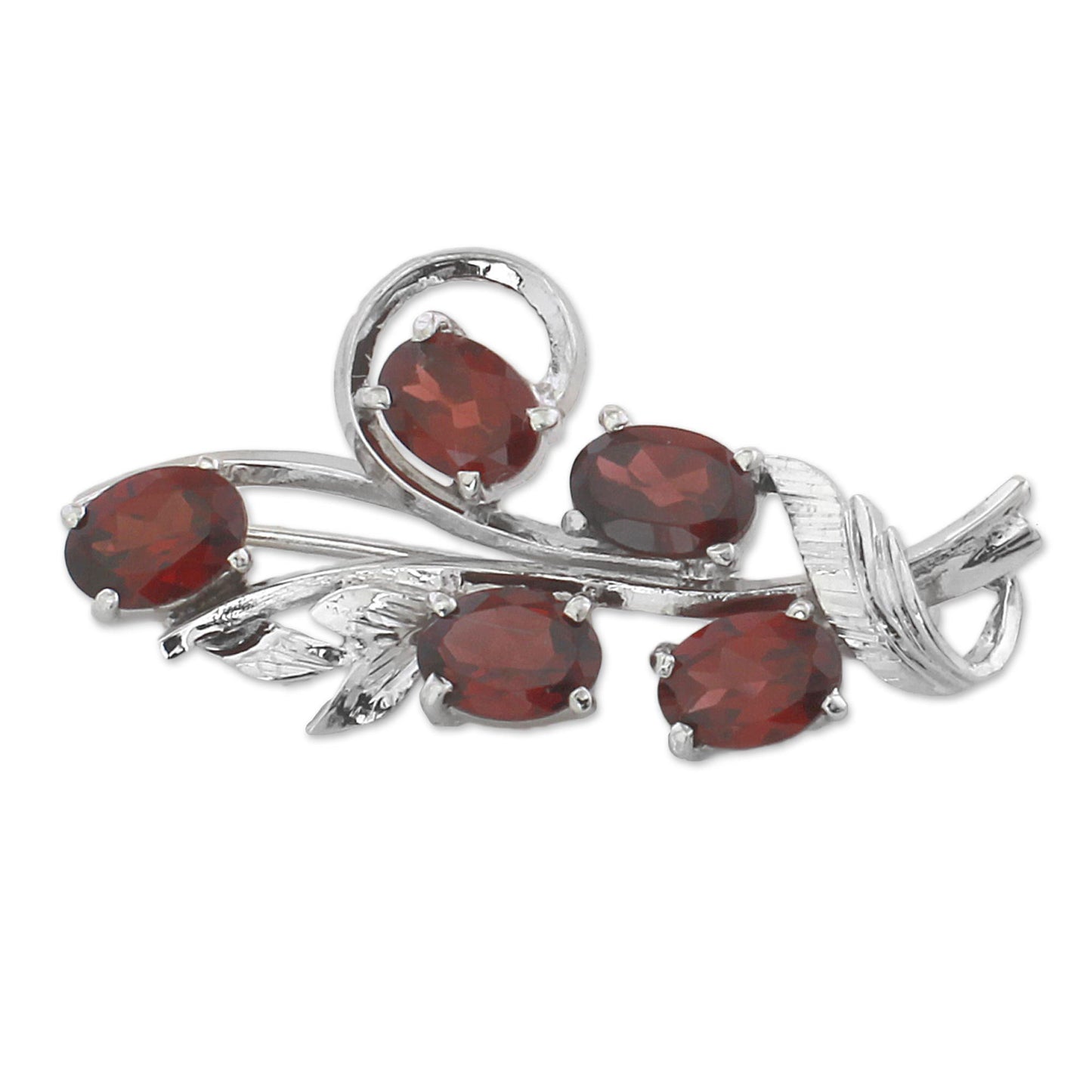 Princess of Red Leaves Rhodium Plated Garnet and Sterling Silver Leaf Brooch