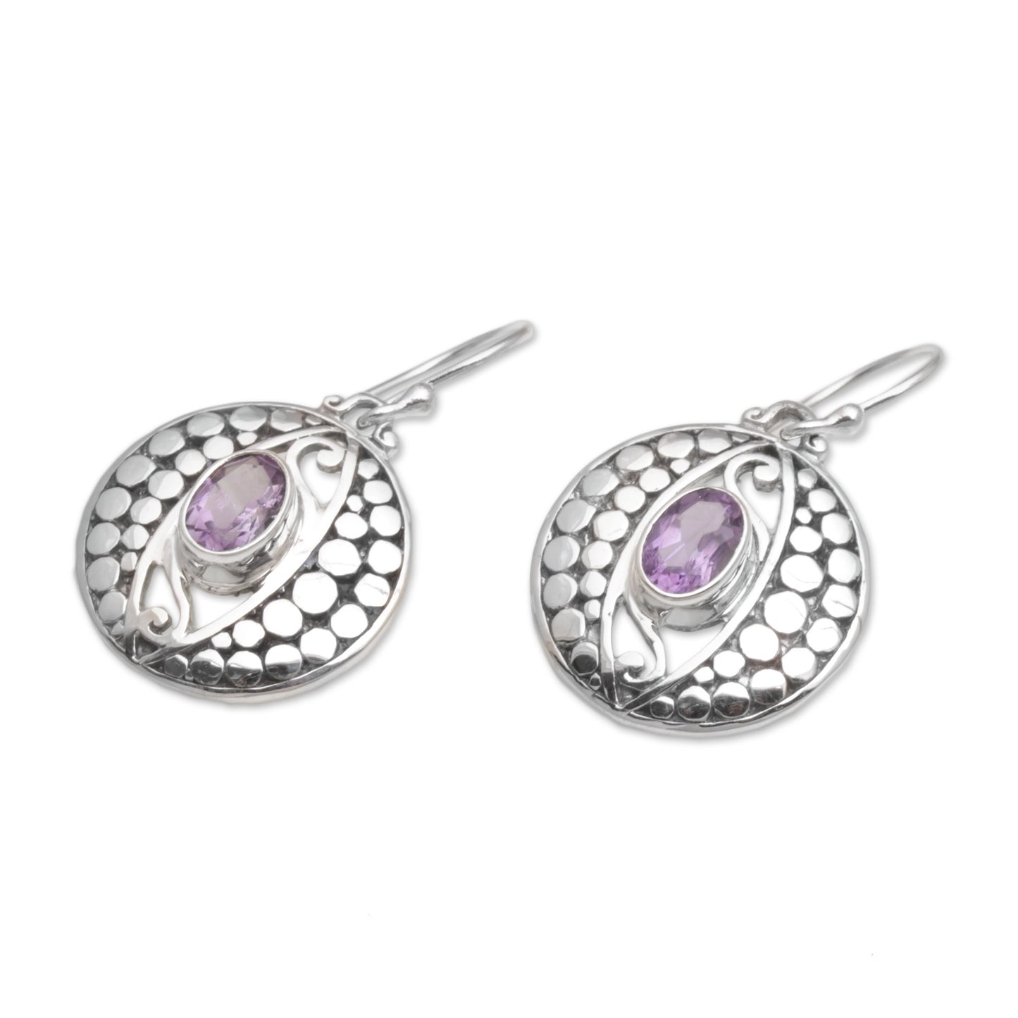 NOVICA Amethyst .925 Sterling Silver Dot Motif Dangle Earrings, 'Temple Watchers'