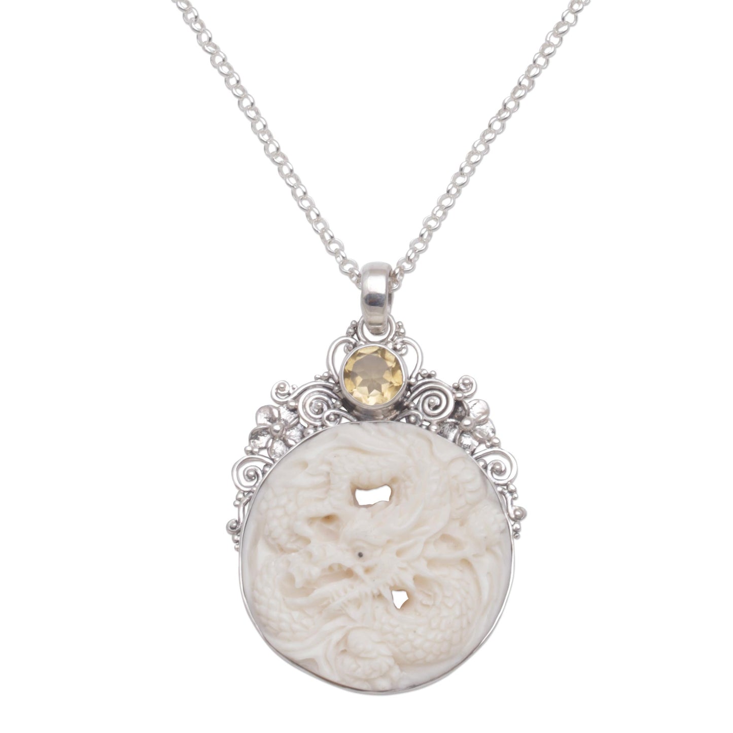 Fiery Antaboga Citrine and Bone Dragon Pendant Necklace from Bali