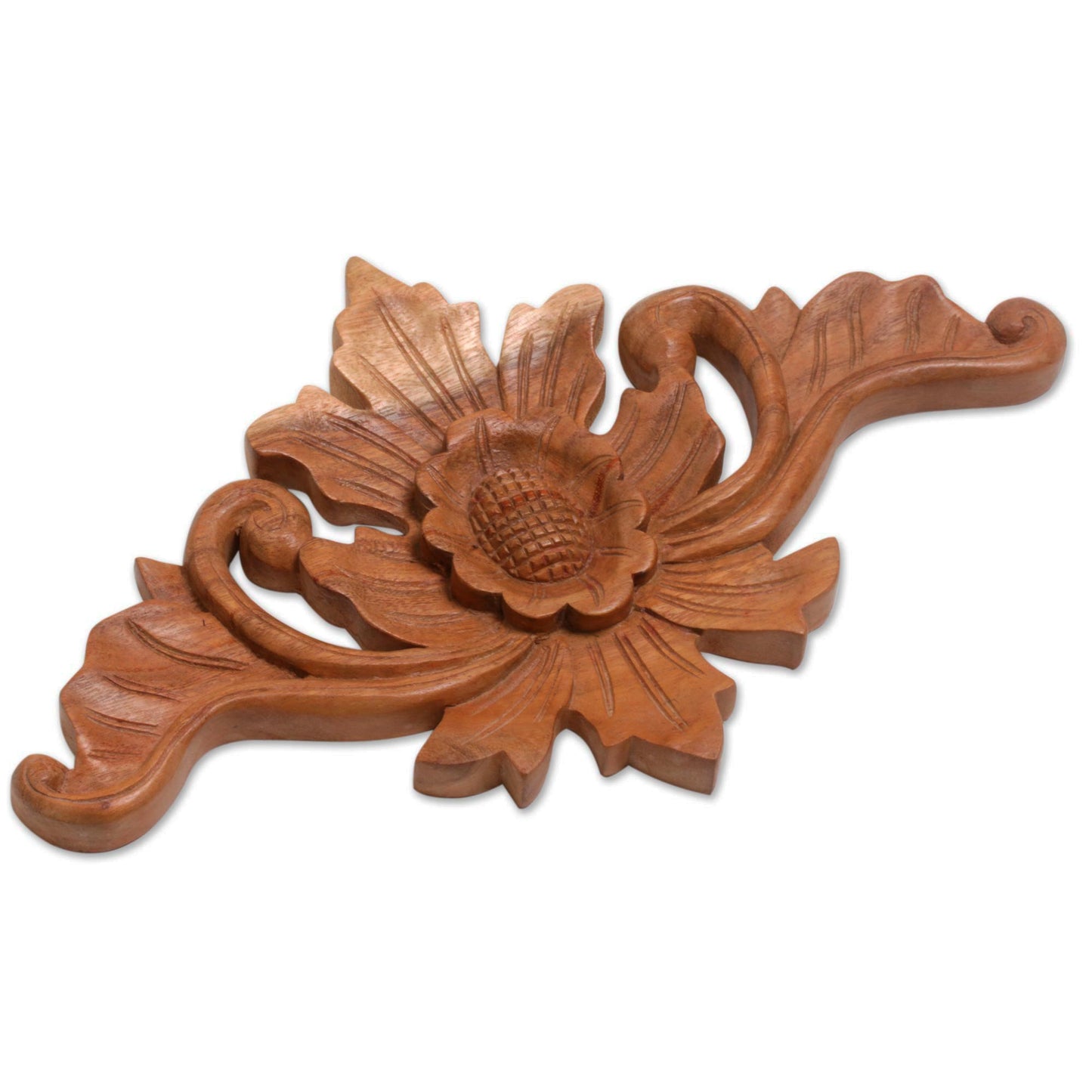 Open Flower Handcrafted Suar Wood Floral Relief Panel from Bali