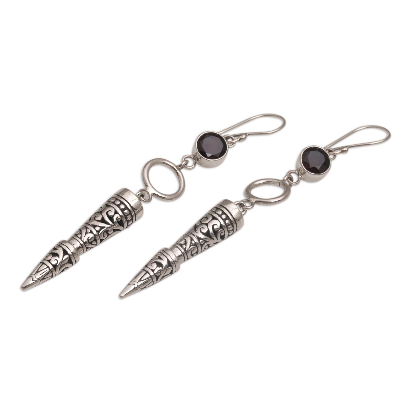 Kamasan Cones Garnet and 925 Silver Cone-Shaped Earrings from Bali