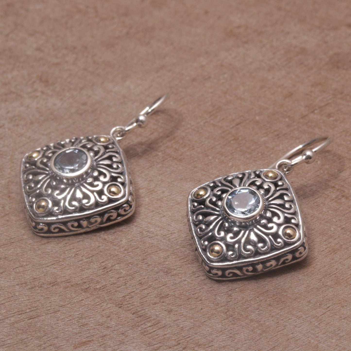 Swirling Facade Gold Accent Blue Topaz Swirl Motif Dangle Earrings from Bali