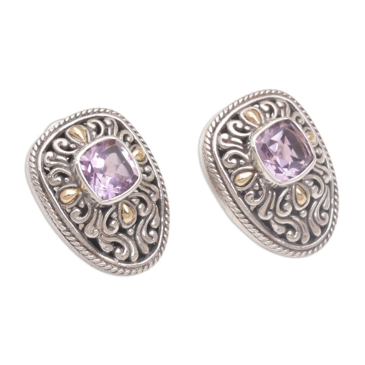 Luxurious Swirls Sterling Silver and Amethyst Drop Earrings with Gold Accents