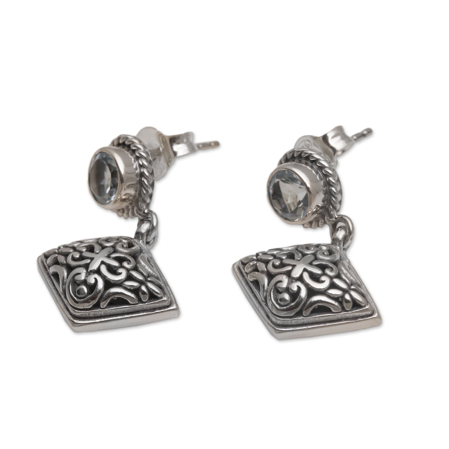 Diamond Dew Blue Topaz Dangle Earrings with Diamond Shapes from Bali