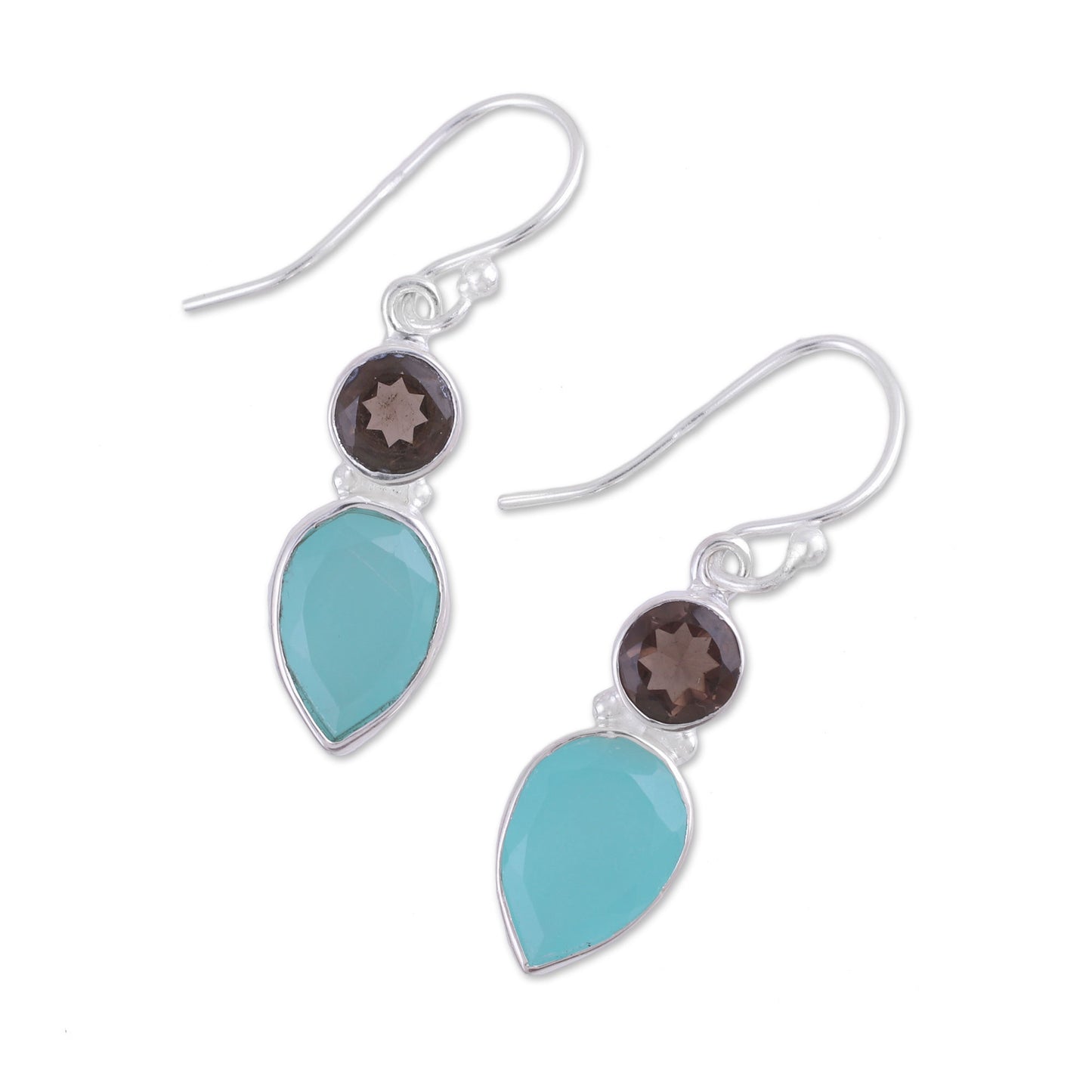 Dazzling Alliance Chalcedony and Smoky Quartz Dangle Earrings from India