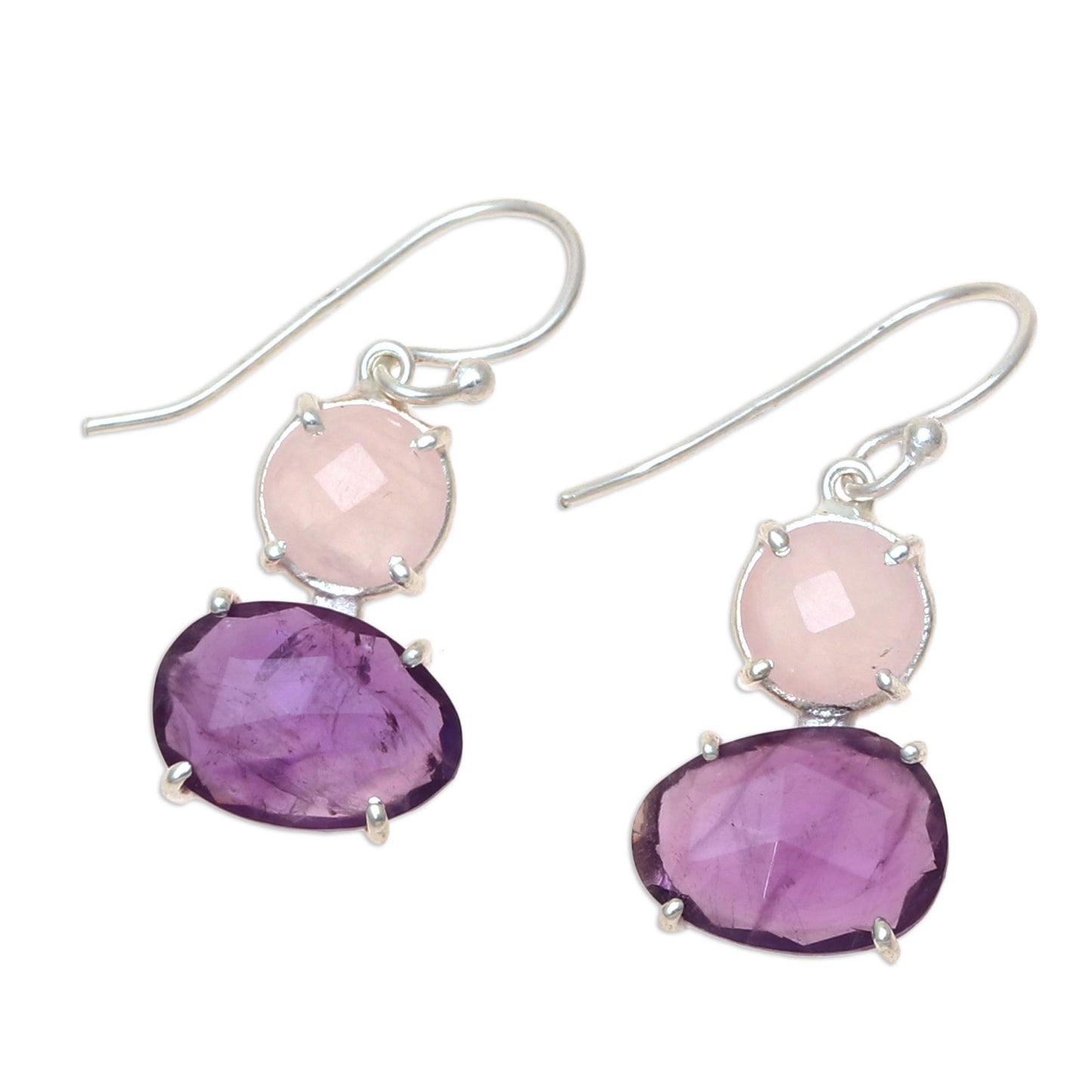 Regal Air Dangle Earrings from India with Amethyst and Rose Quartz
