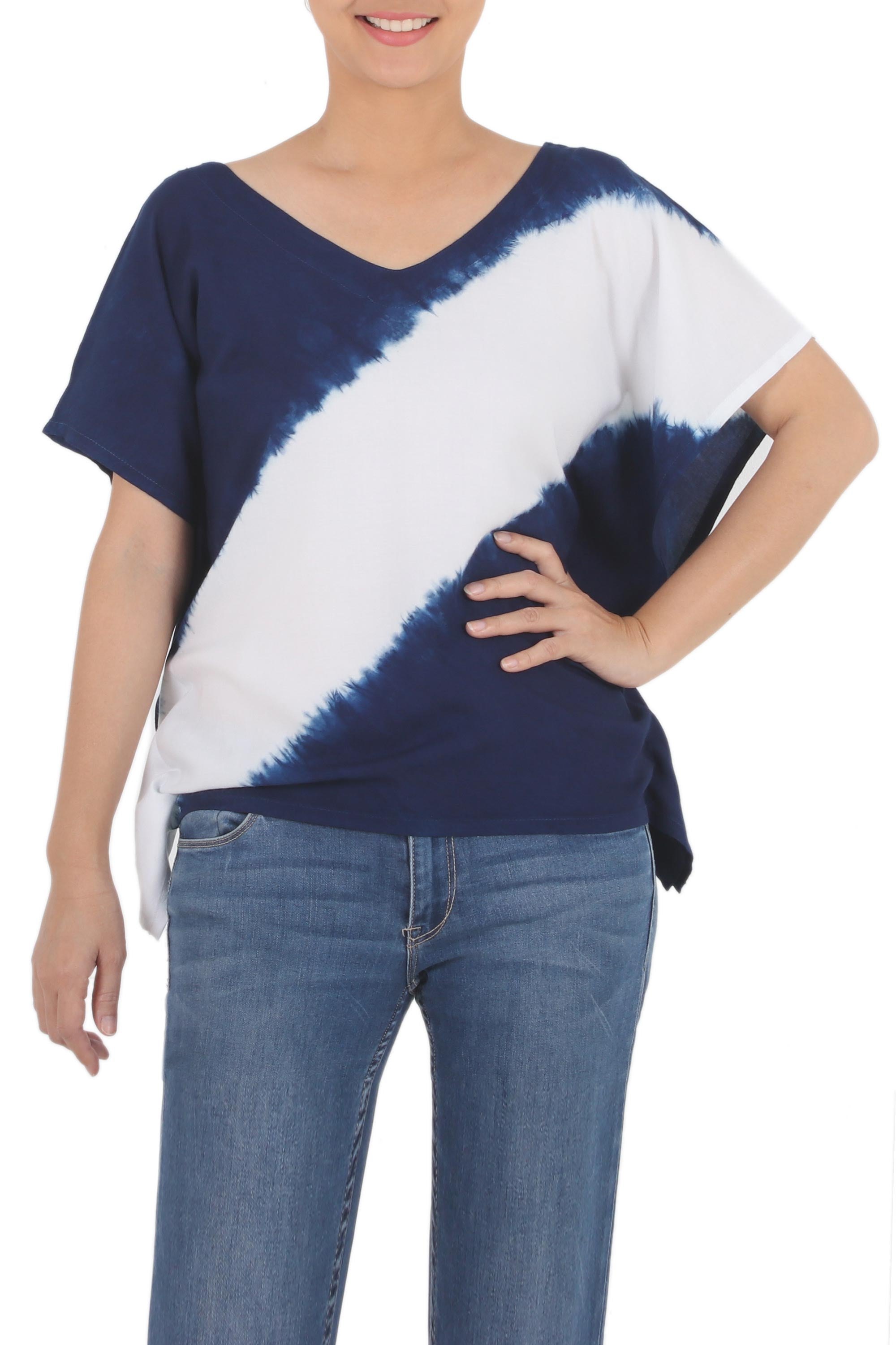 NOVICA Soar Indigo Diagonal Stripe Tie-Dye Short Sleeve Cotton Blouse