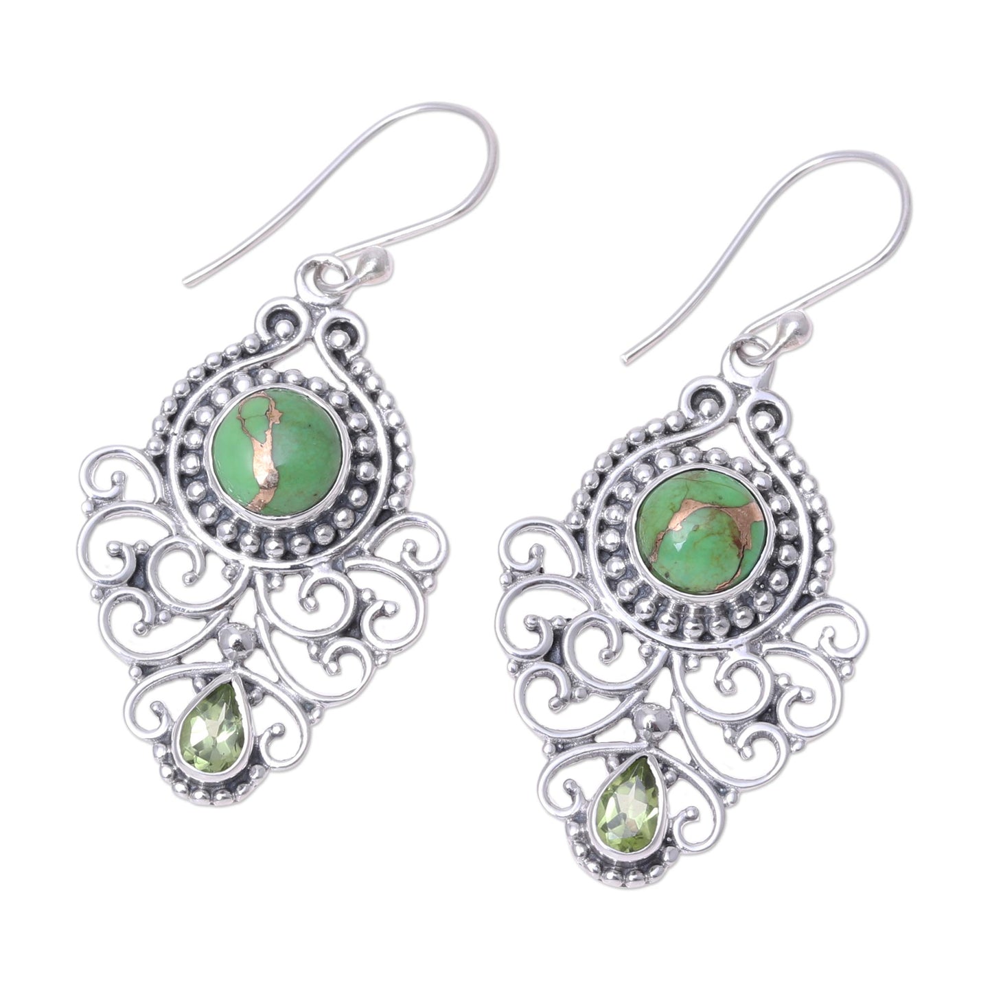 Verdant Ecstasy Pear Peridot and Composite Turquoise Earrings from India