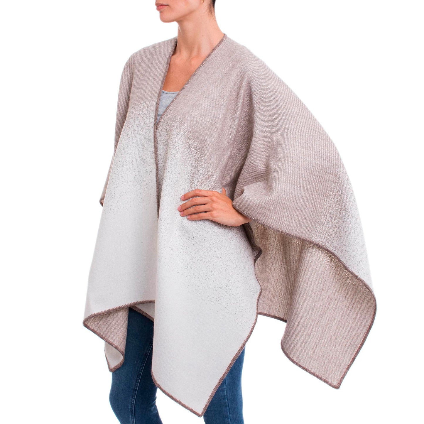 Andean Vistas in Taupe Reversible Alpaca Blend Ruana in Taupe and Snow White